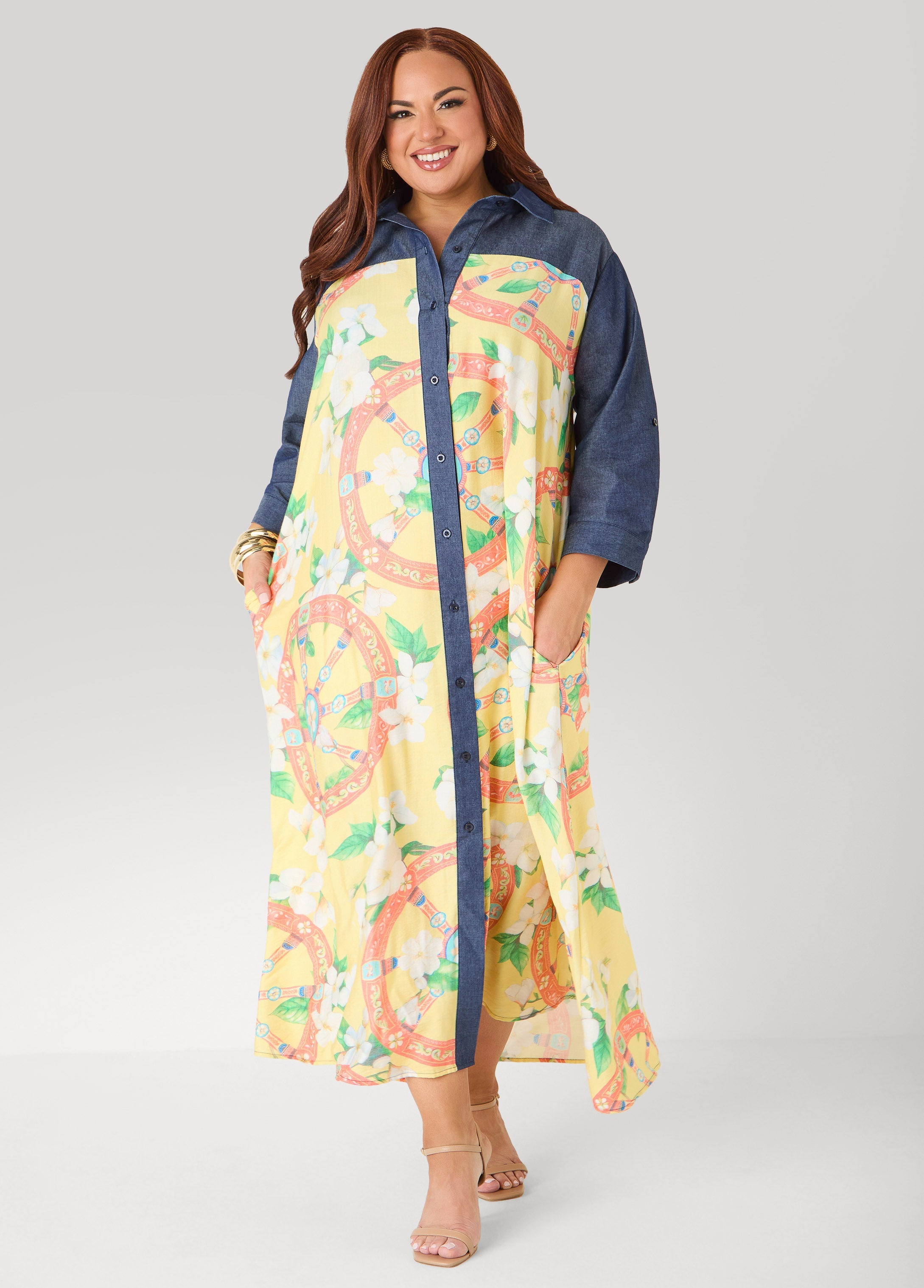 Tall Denim Paneled Printed Shirtdress