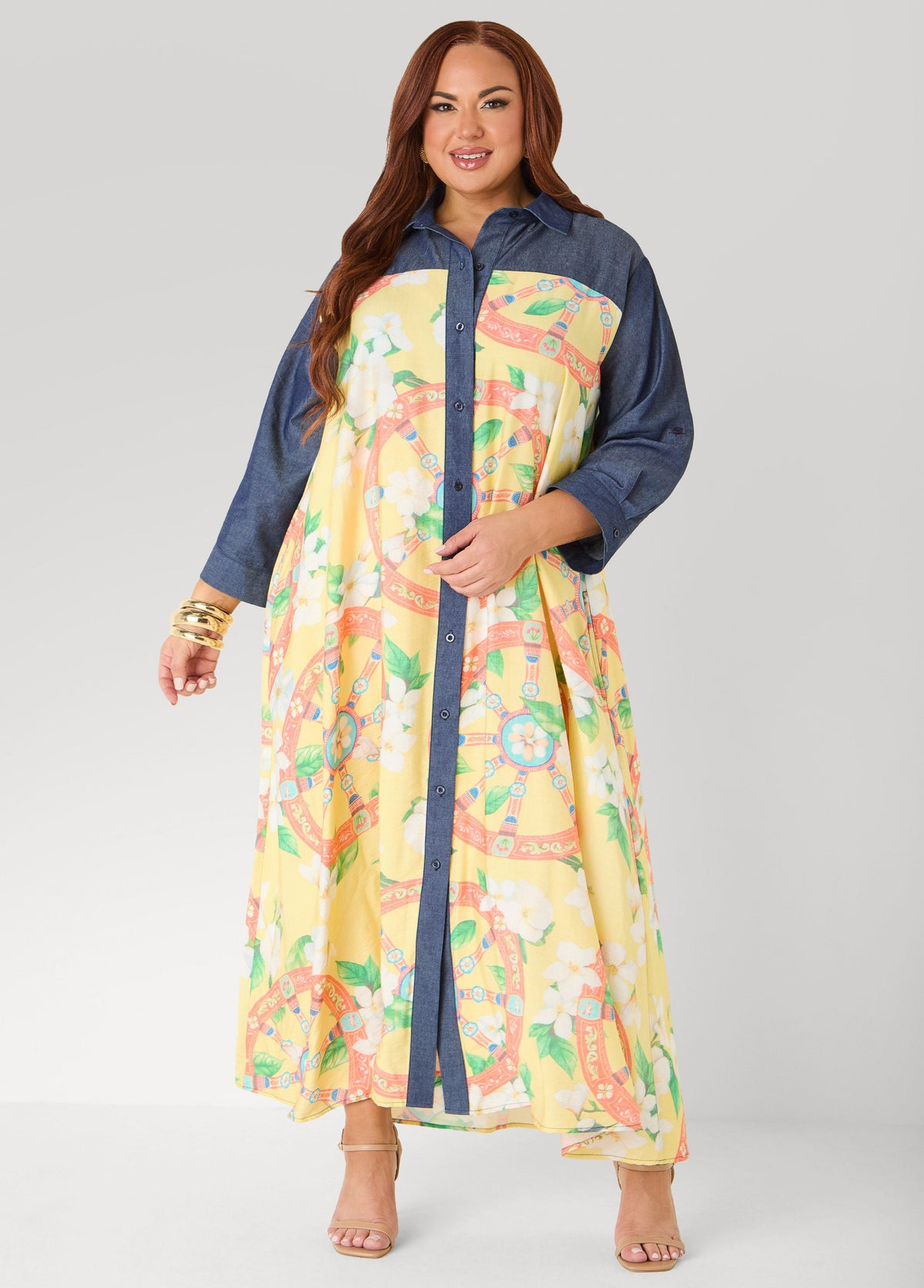 Tall Denim Paneled Printed Shirtdress