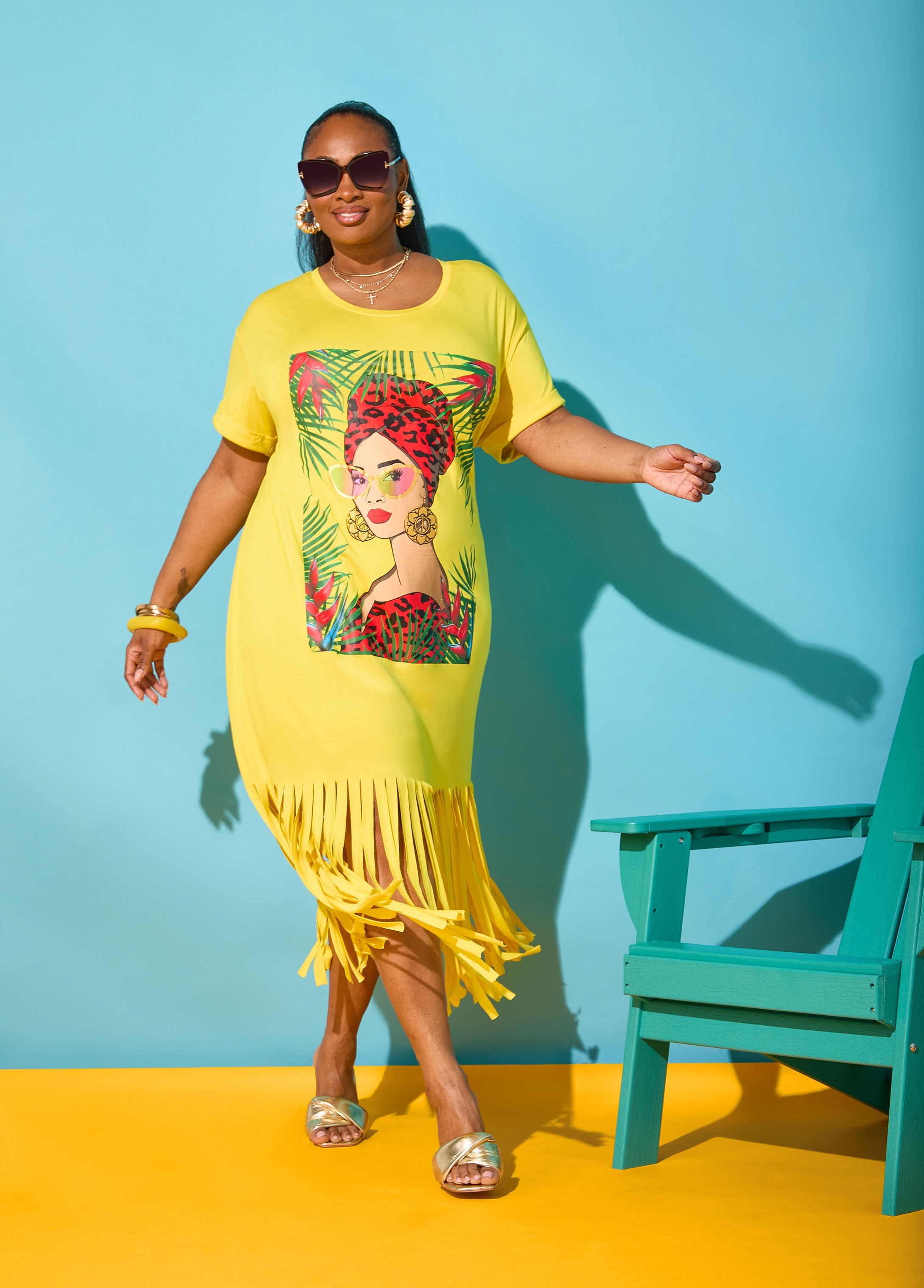 Tropical Fringed T Shirt Dress