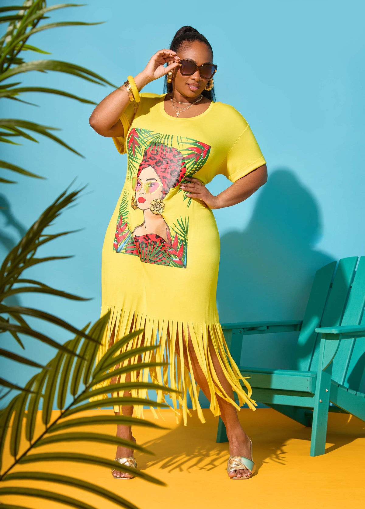 Tropical Fringed T Shirt Dress