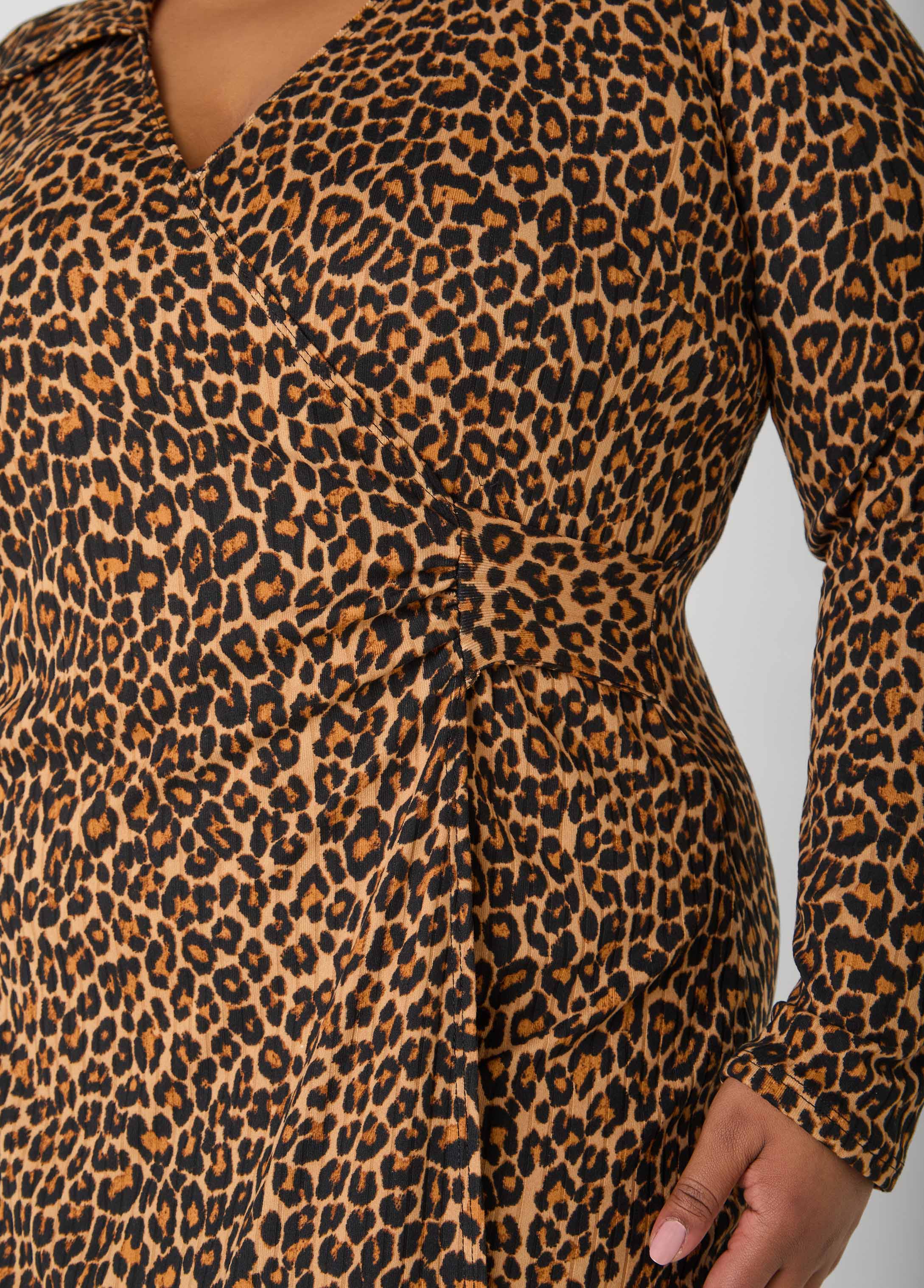 Ribbed Leopard Faux Wrap Dress