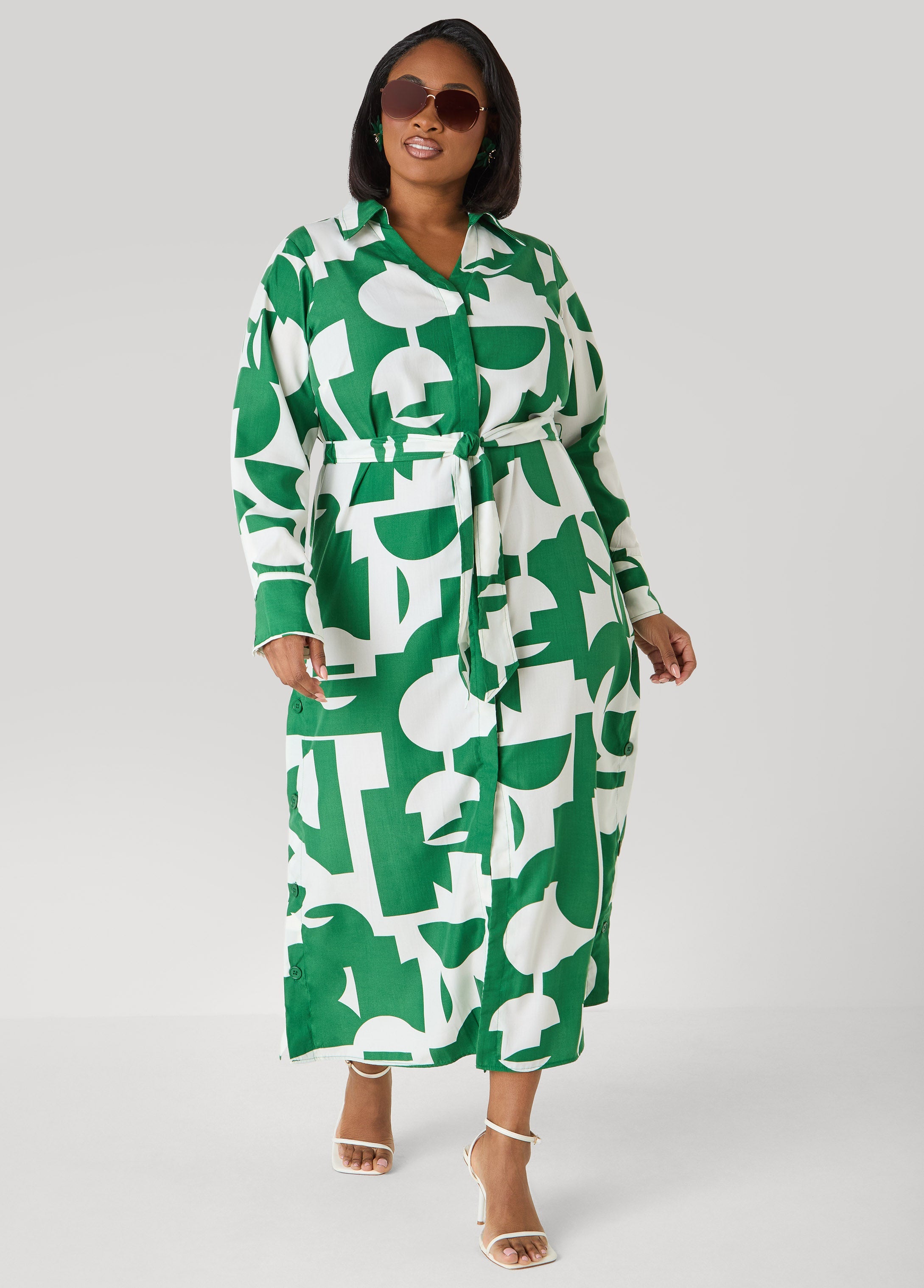 Button Detail Geo Maxi Shirtdress