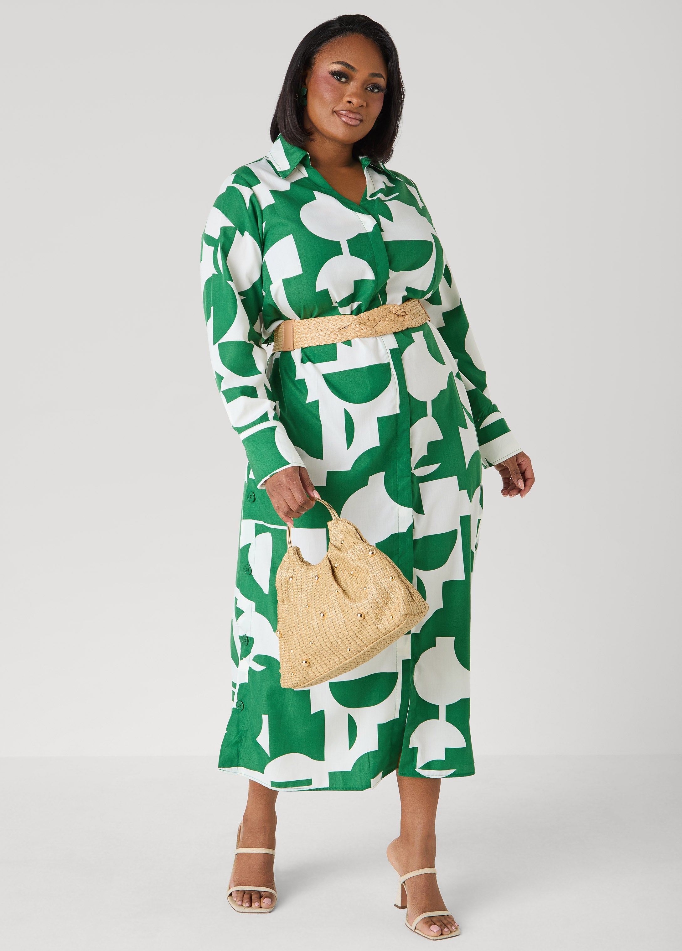 Button Detail Geo Maxi Shirtdress