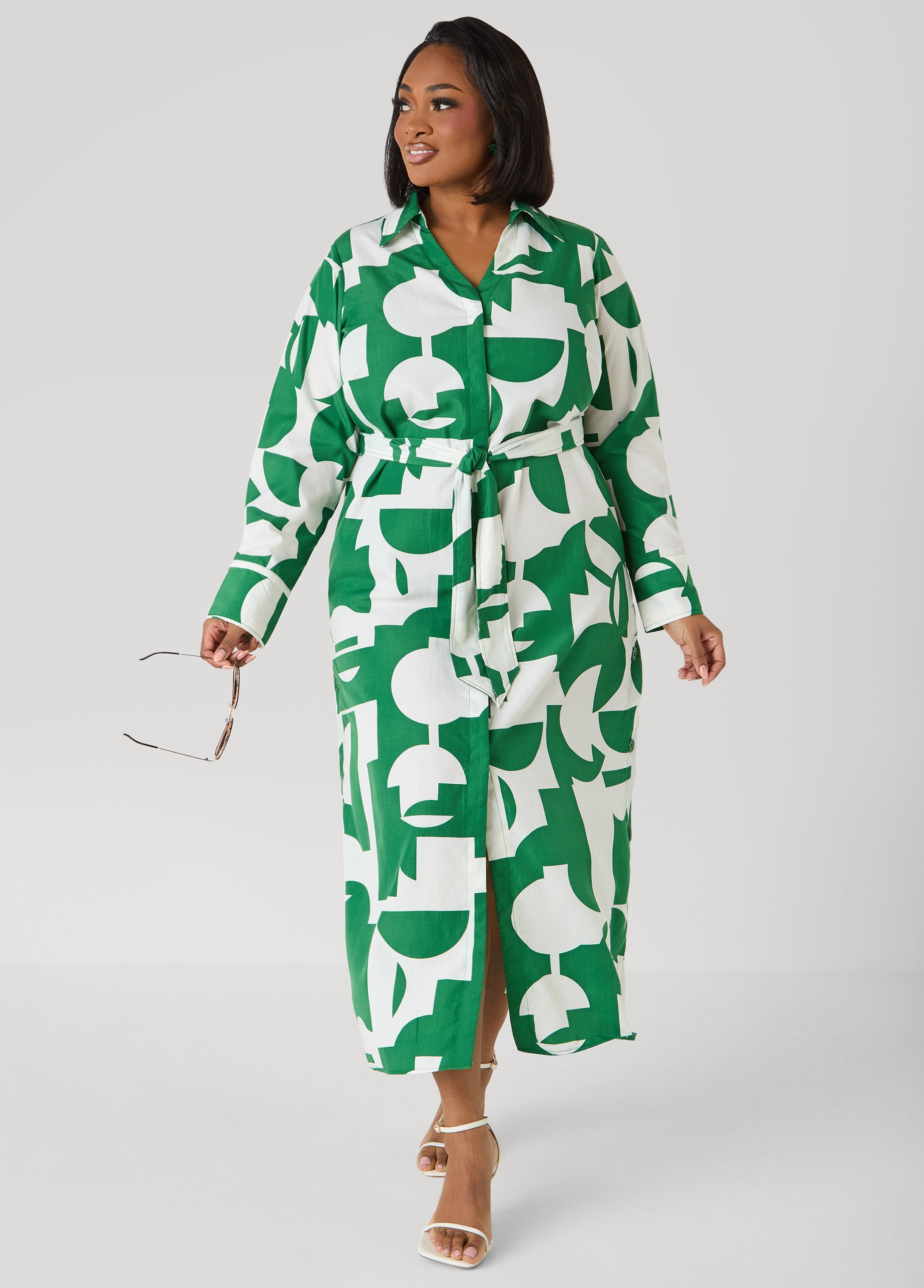 Button Detail Geo Maxi Shirtdress