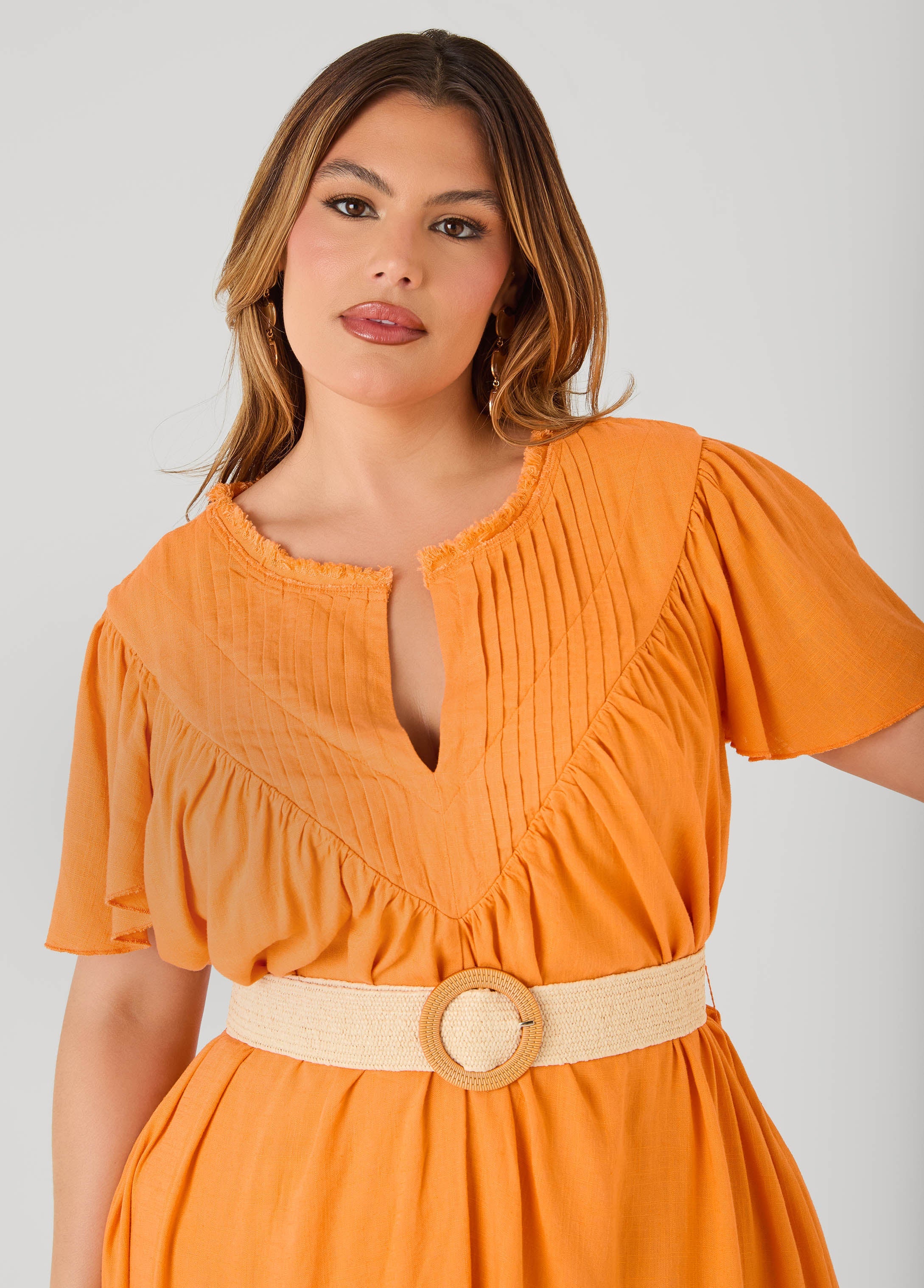 Belted Pintucked Linen Blend Dress