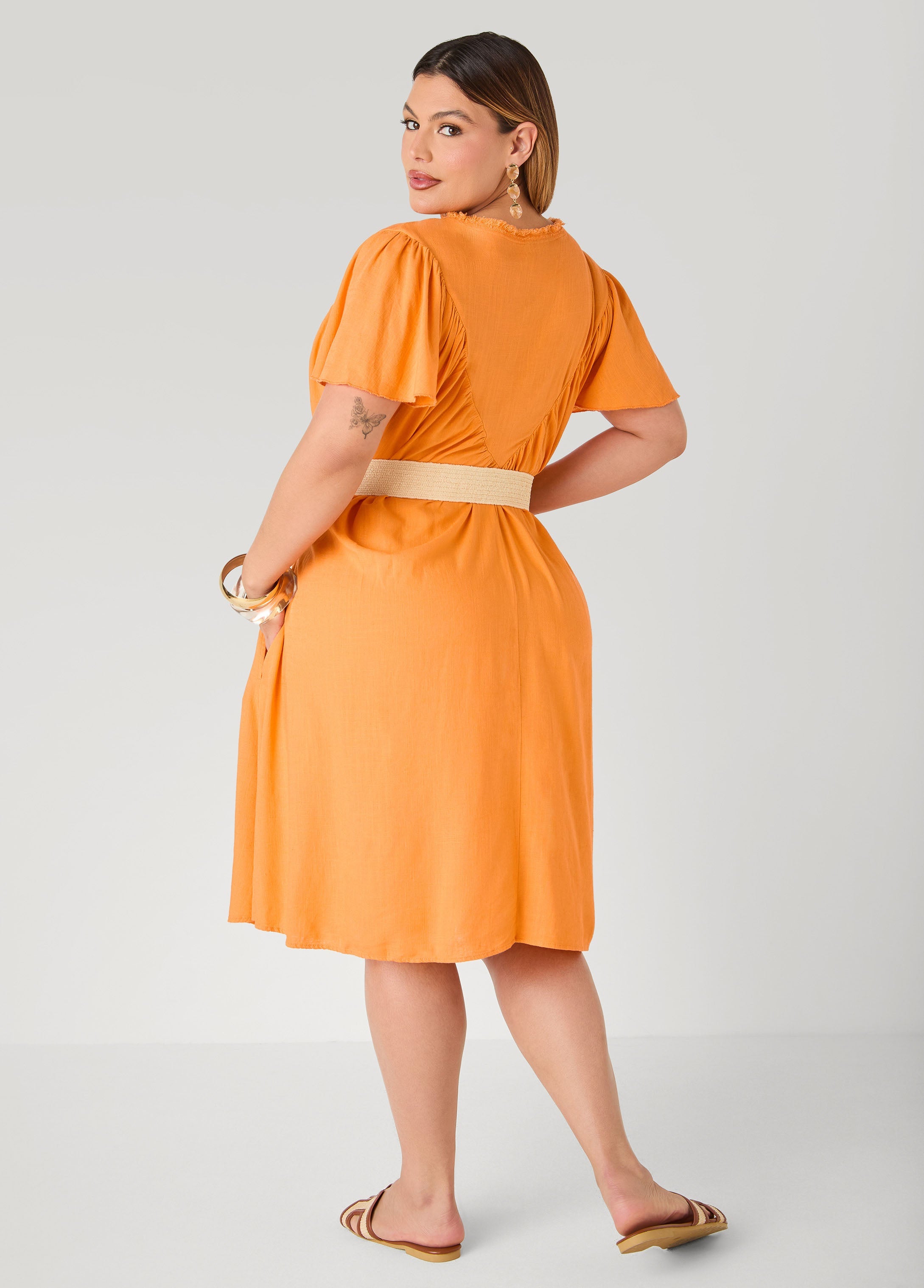 Belted Pintucked Linen Blend Dress