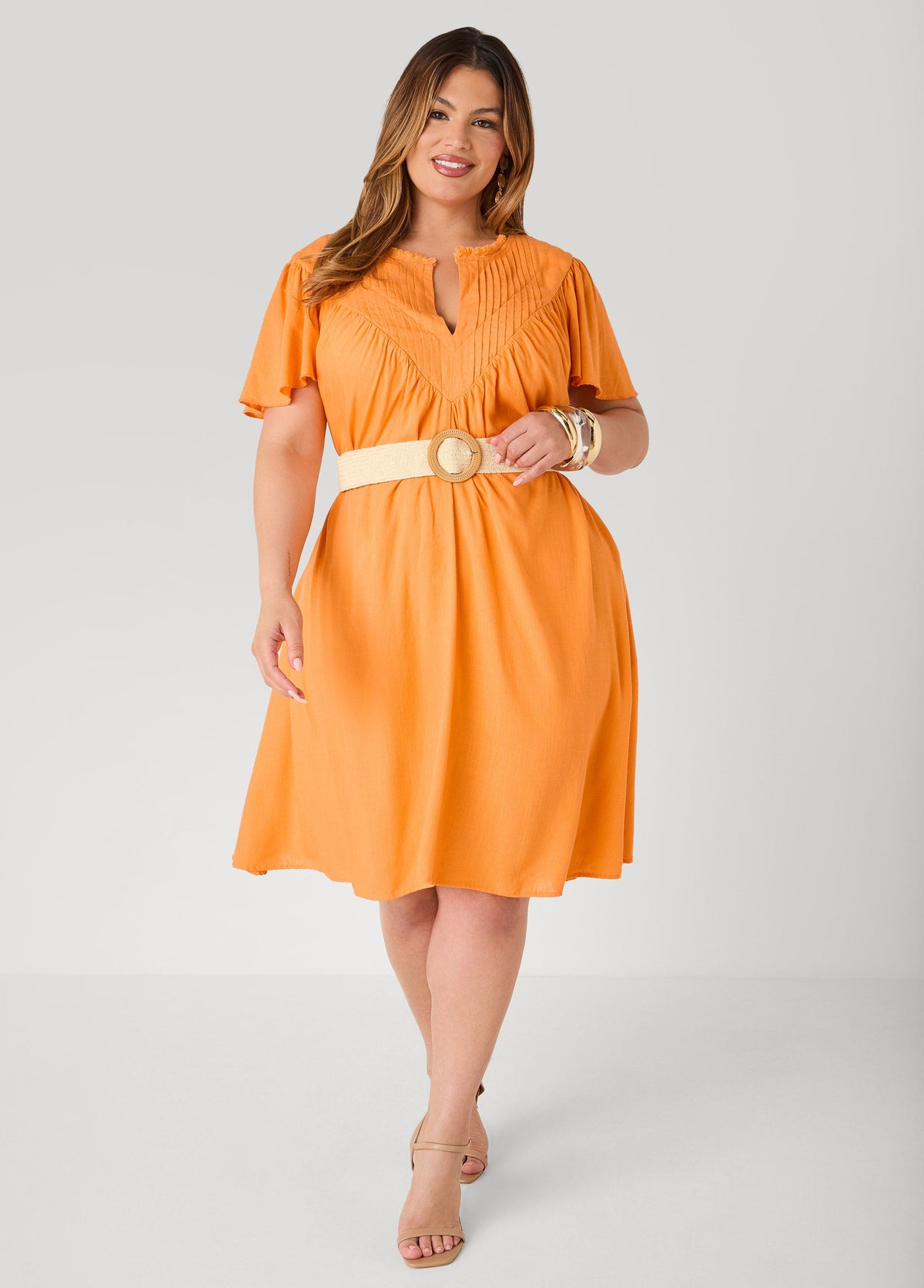 Belted Pintucked Linen Blend Dress