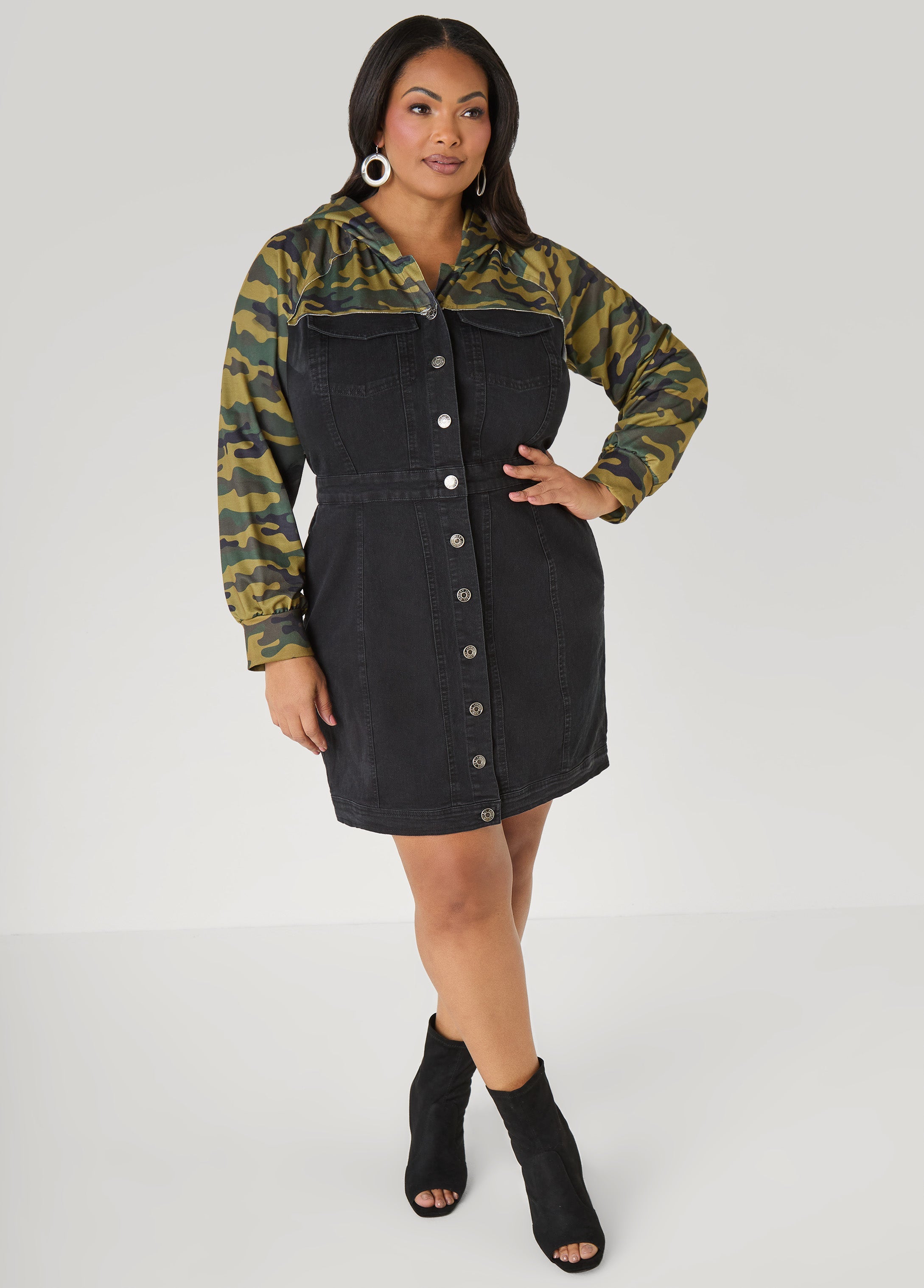 Camo Paneled Denim Bodycon Dress