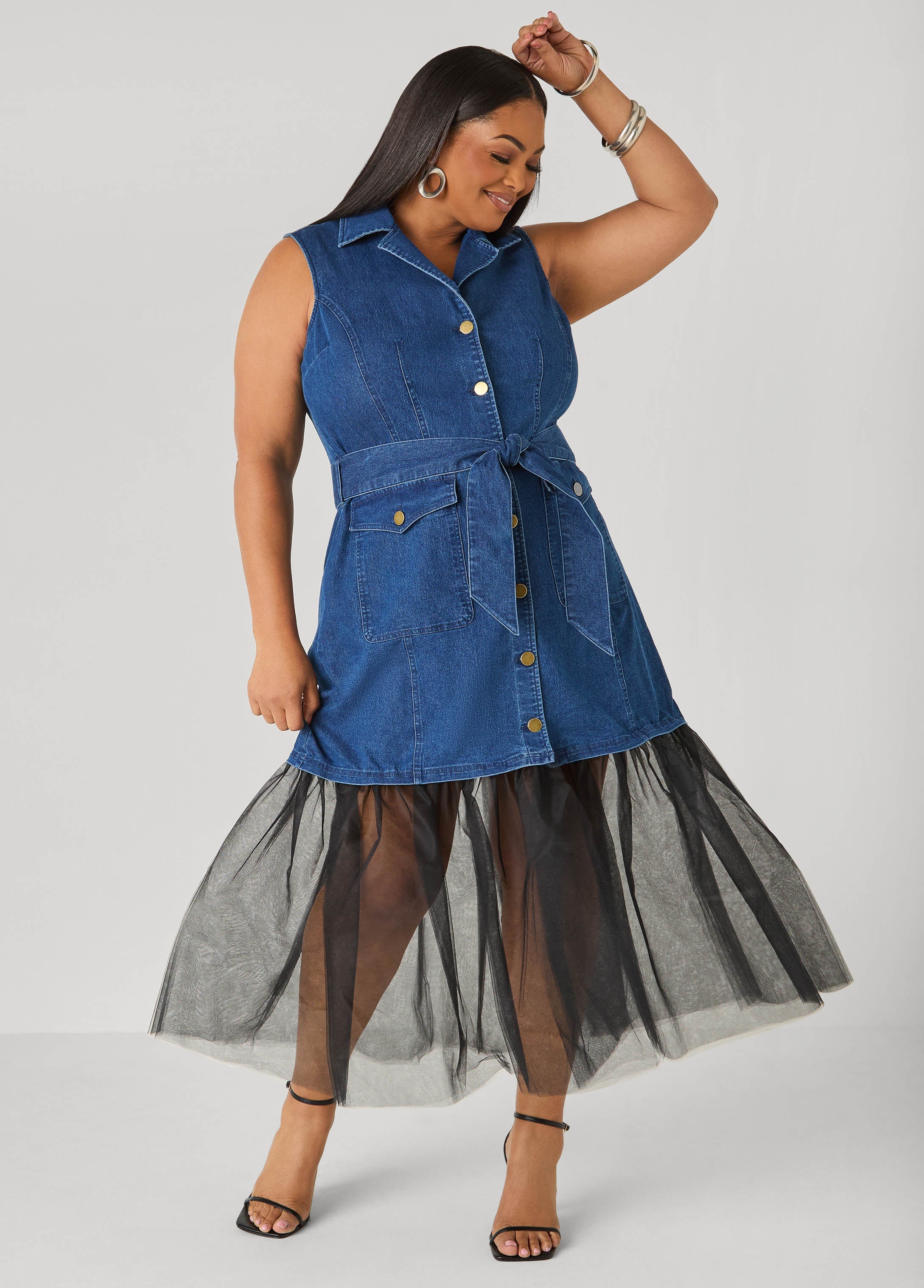 Tulle Paneled Denim Maxi Dress