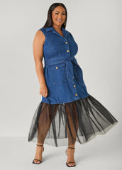 Tulle Paneled Denim Maxi Dress