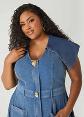 Tall Shawl Collar Paneled Denim Dress