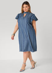 Printed Keyhole Chambray Dress