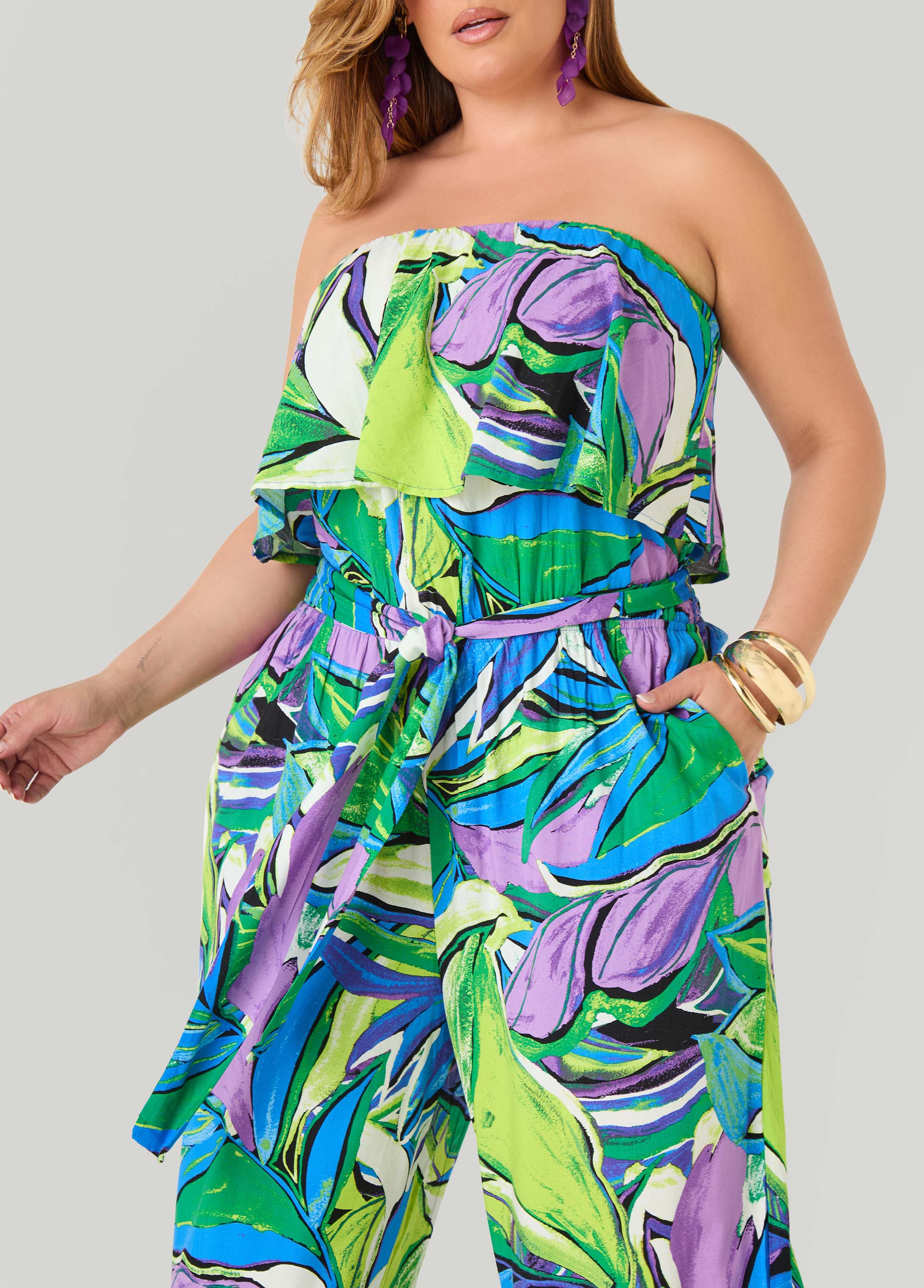 Tall Strapless Leaf Print Jumpsuit