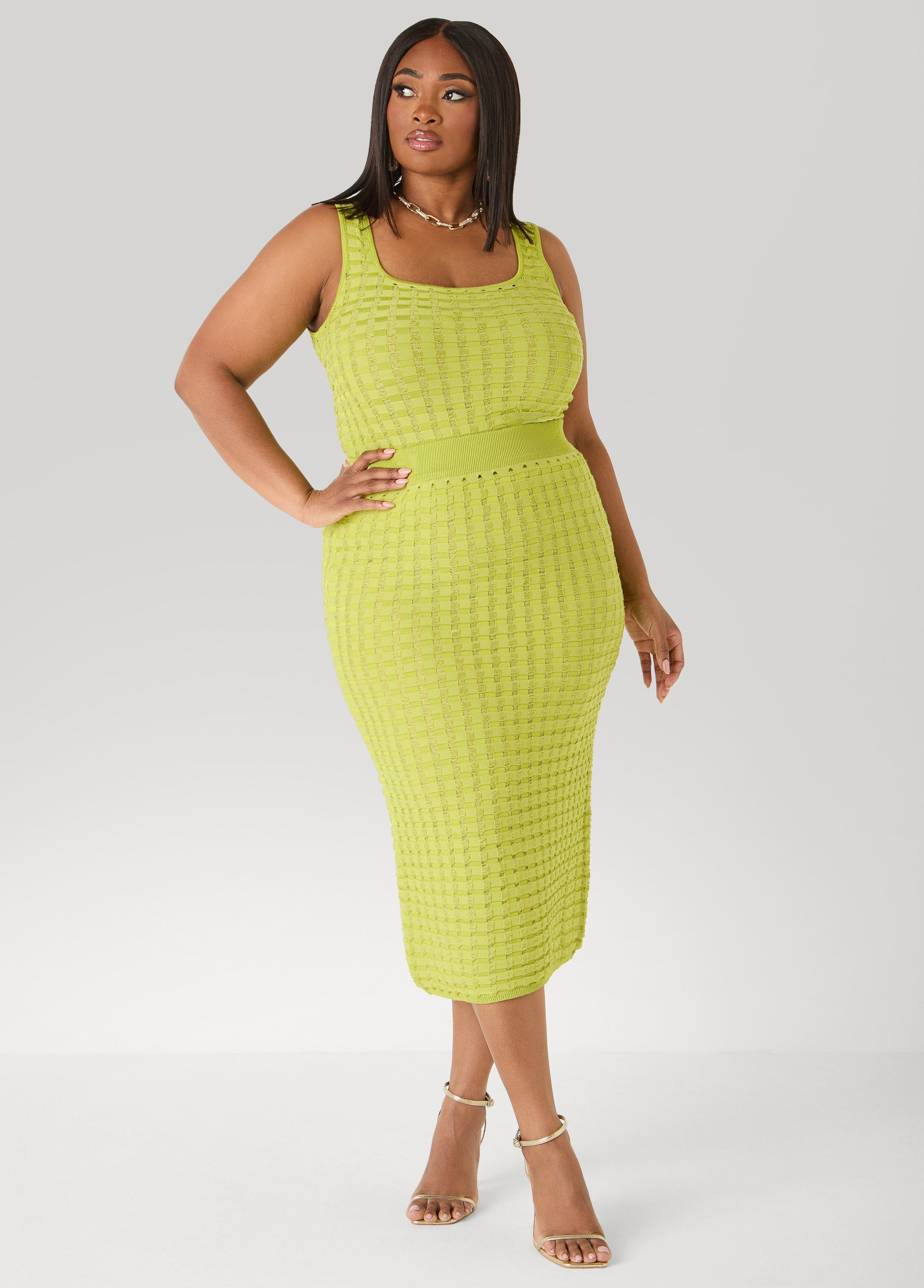 Textured Checked Midi Skirt