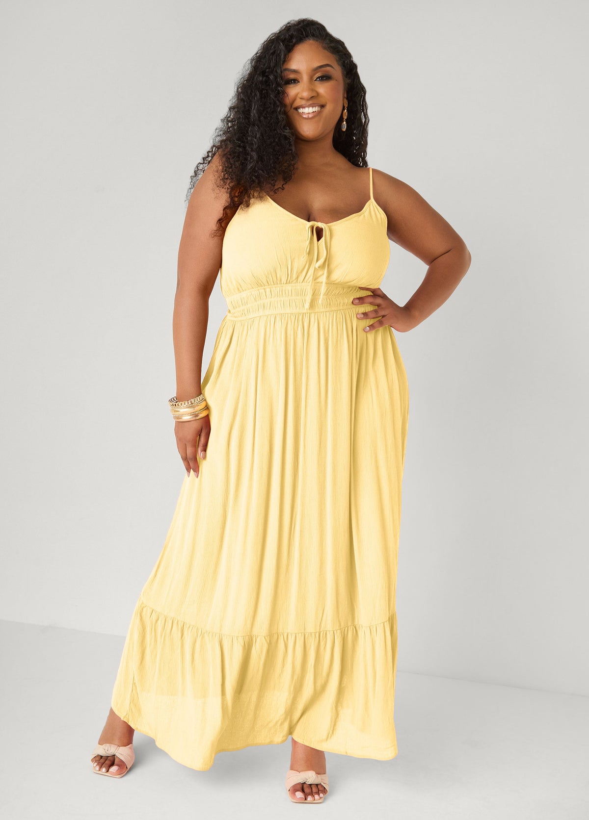 Smocked Tie Front Maxi Dress