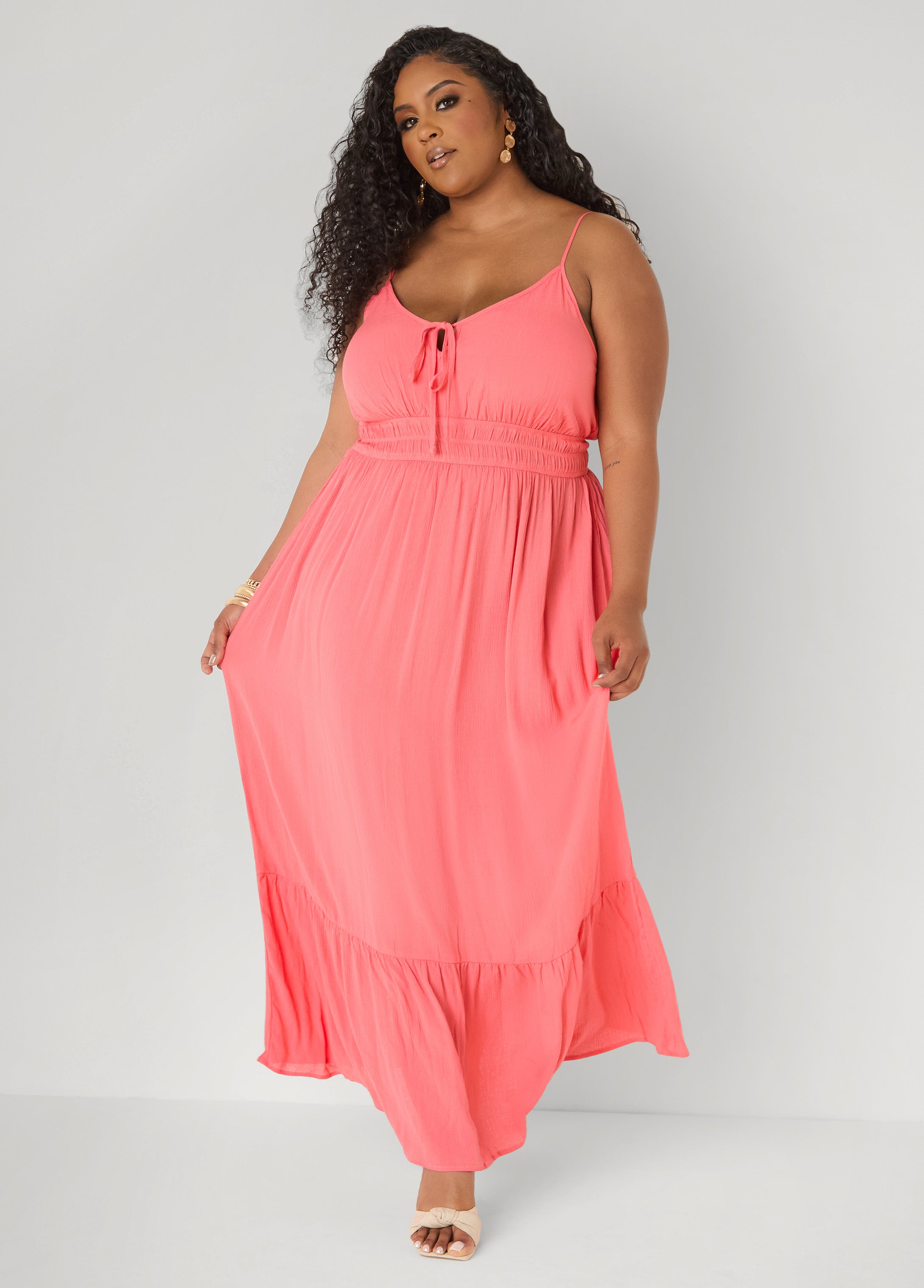 Smocked Tie Front Maxi Dress
