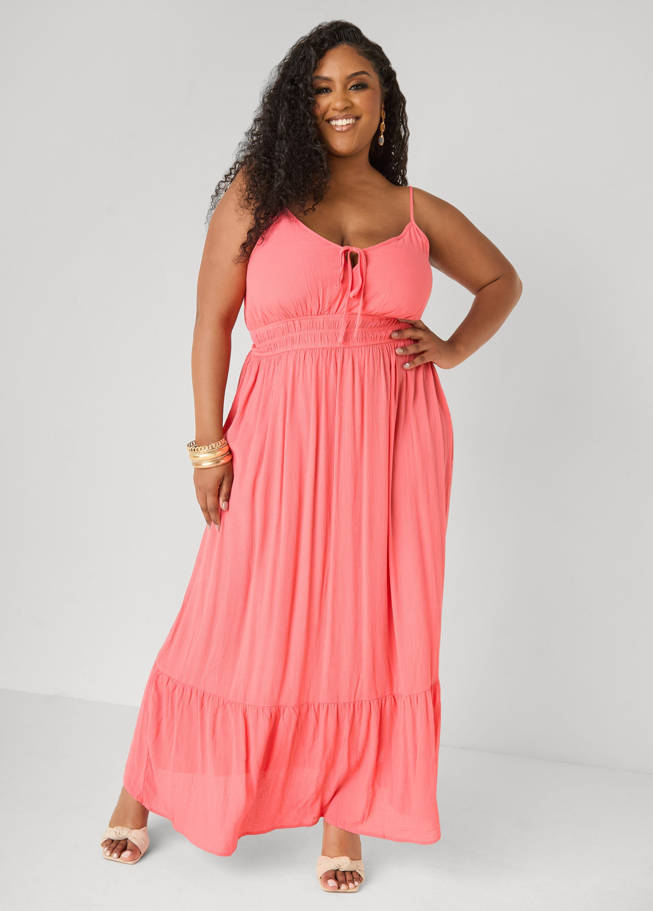 Smocked Tie Front Maxi Dress
