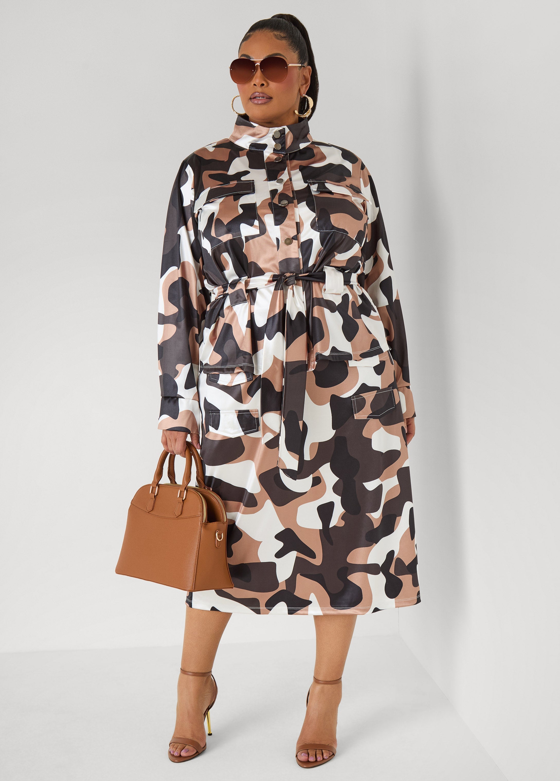 Belted Camo Print Satin Jacket