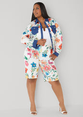 Denim Trimmed Floral Print Jacket