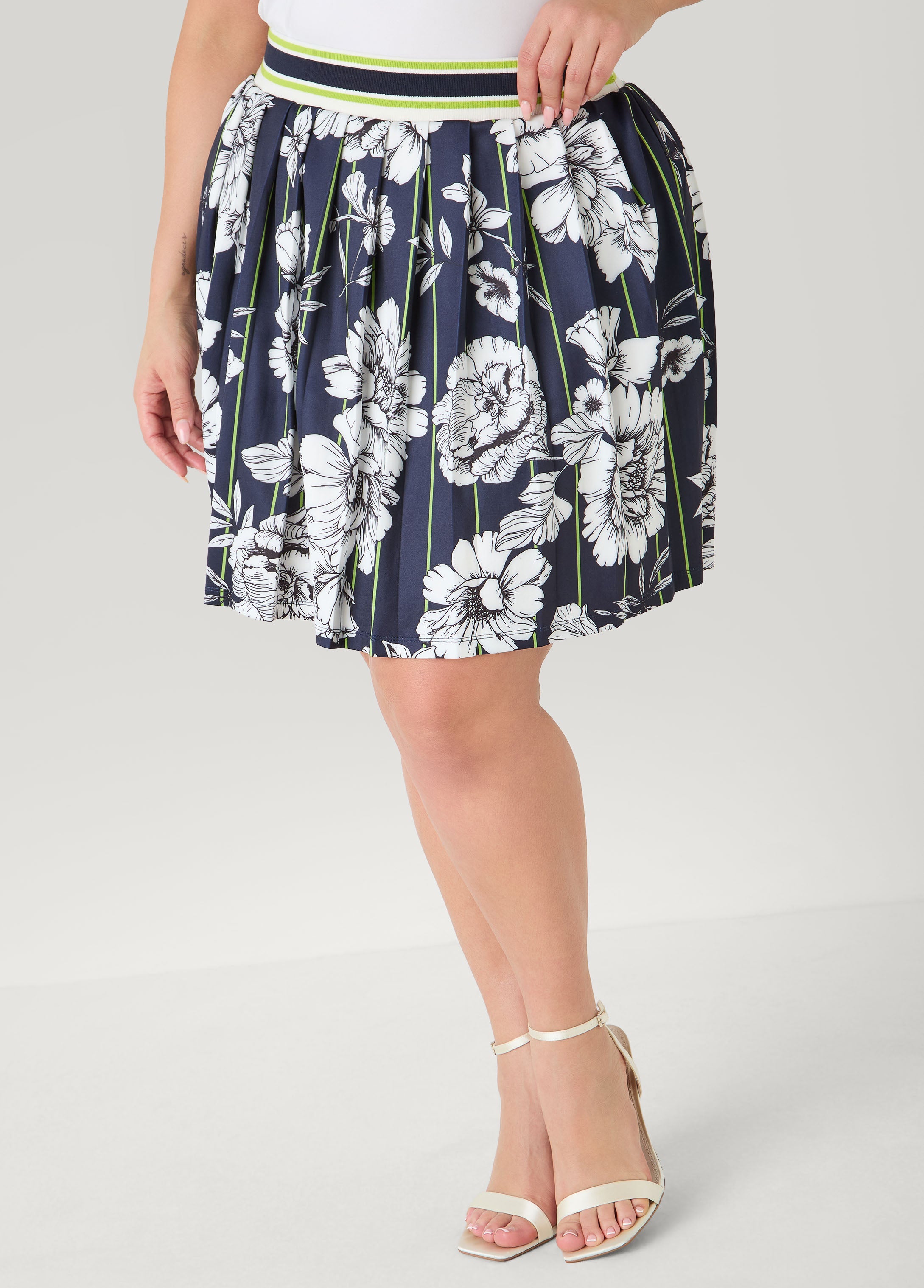 Striped And Floral Pleated Skort