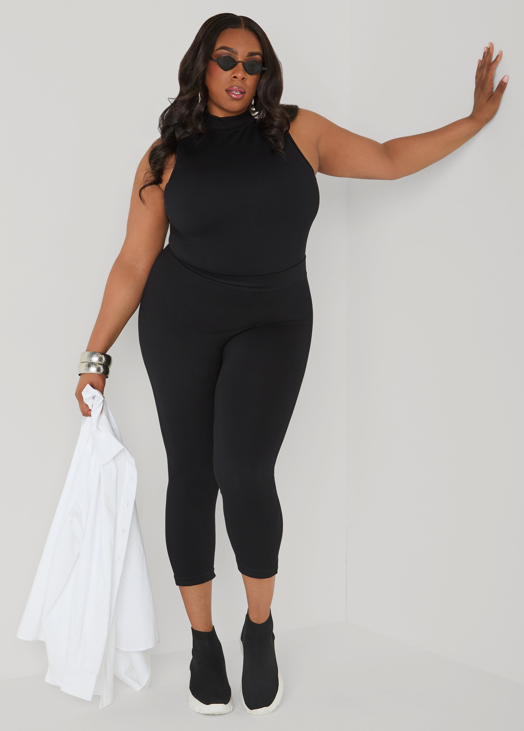 Ribbed Mock Neck Top And Capri Set