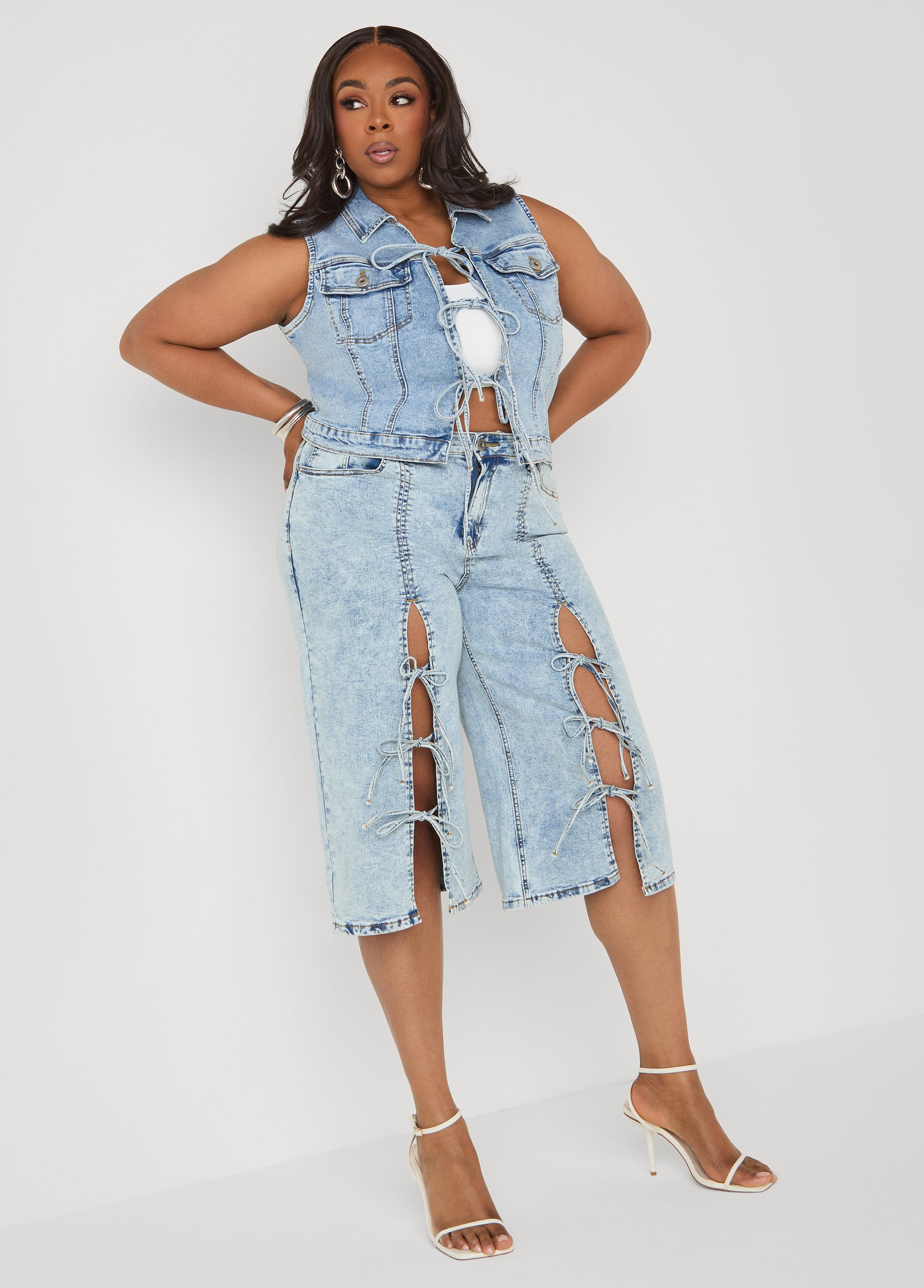Tie Front Acid Wash Denim Vest