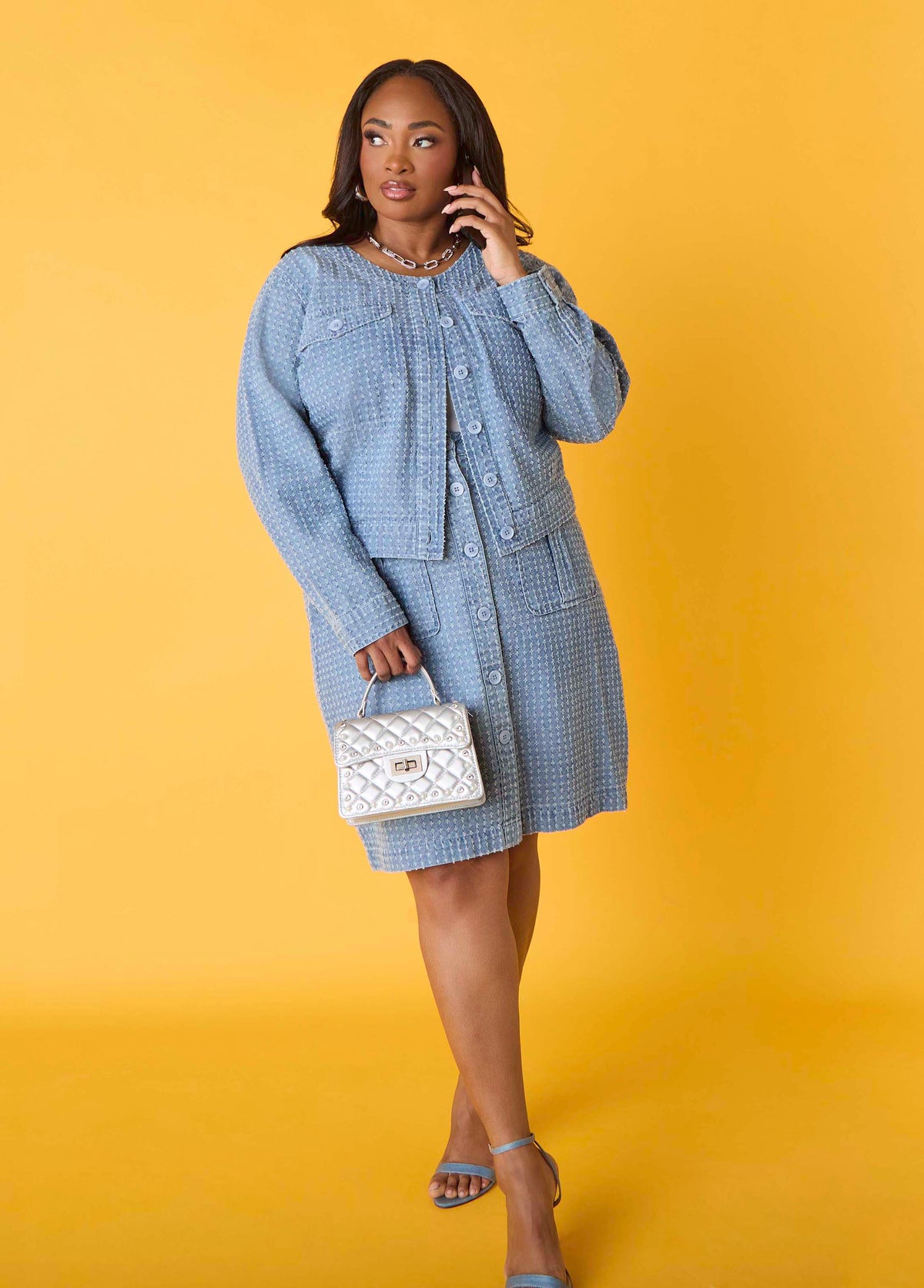 Textured Denim Cargo Skirt