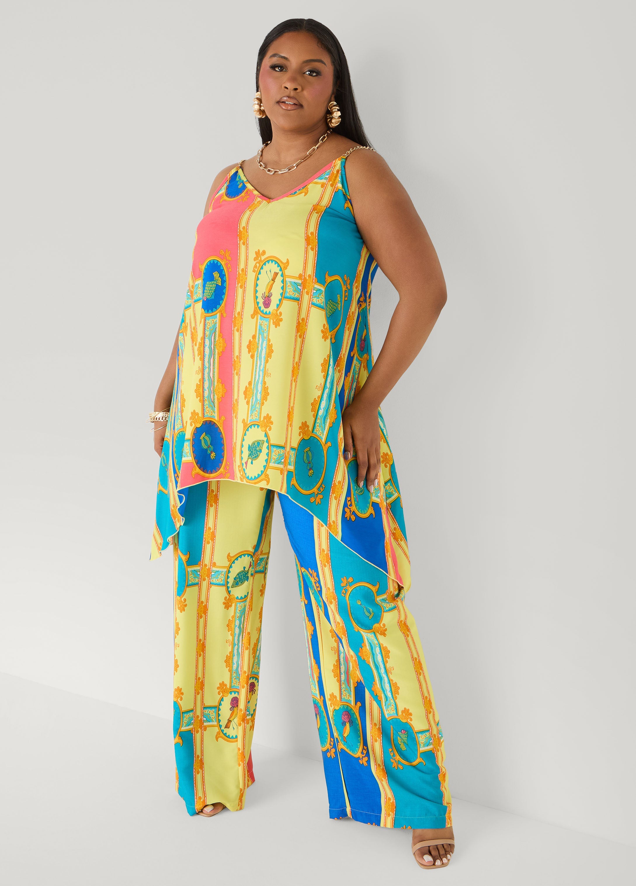 Chain Trimmed Scarf Print Top