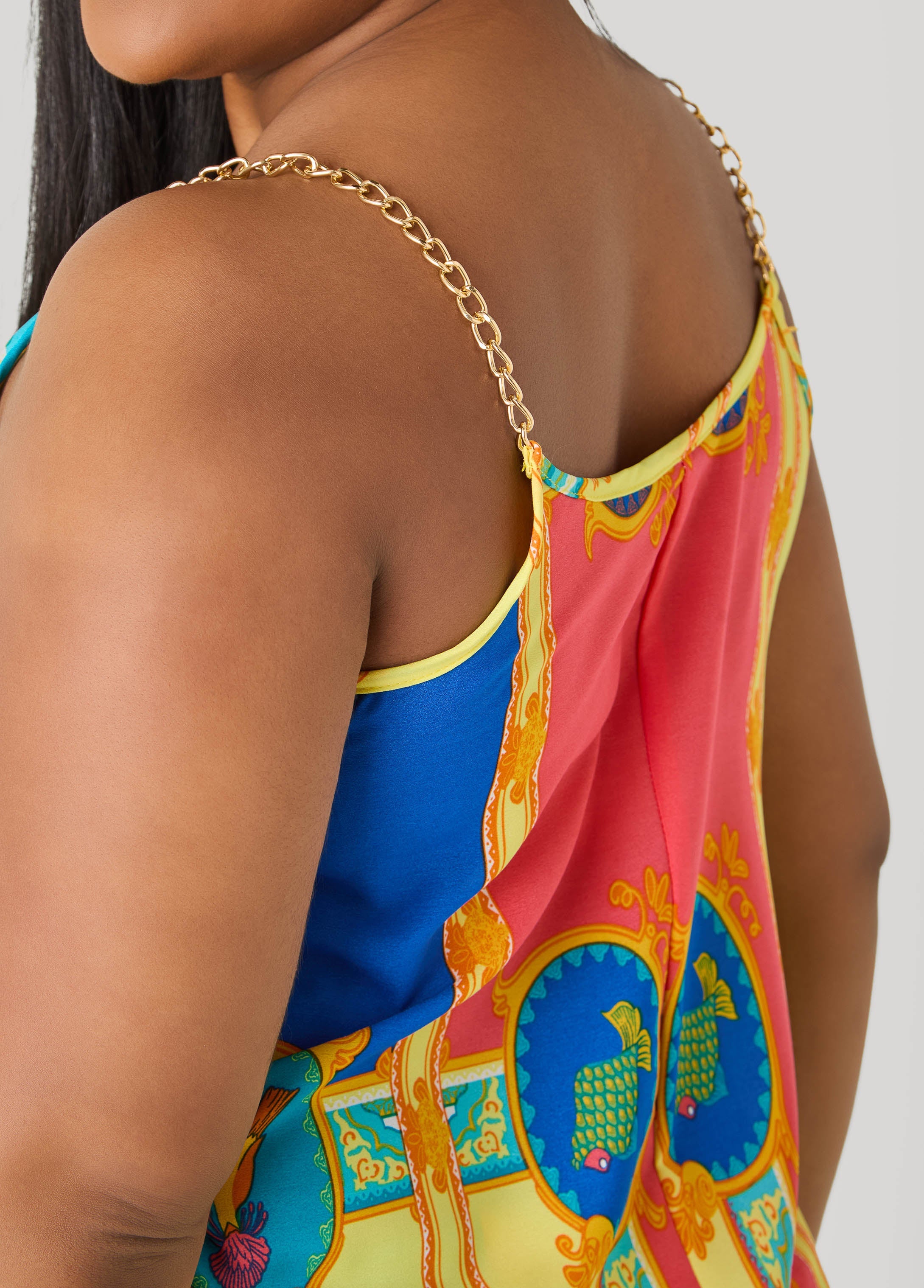 Chain Trimmed Scarf Print Top