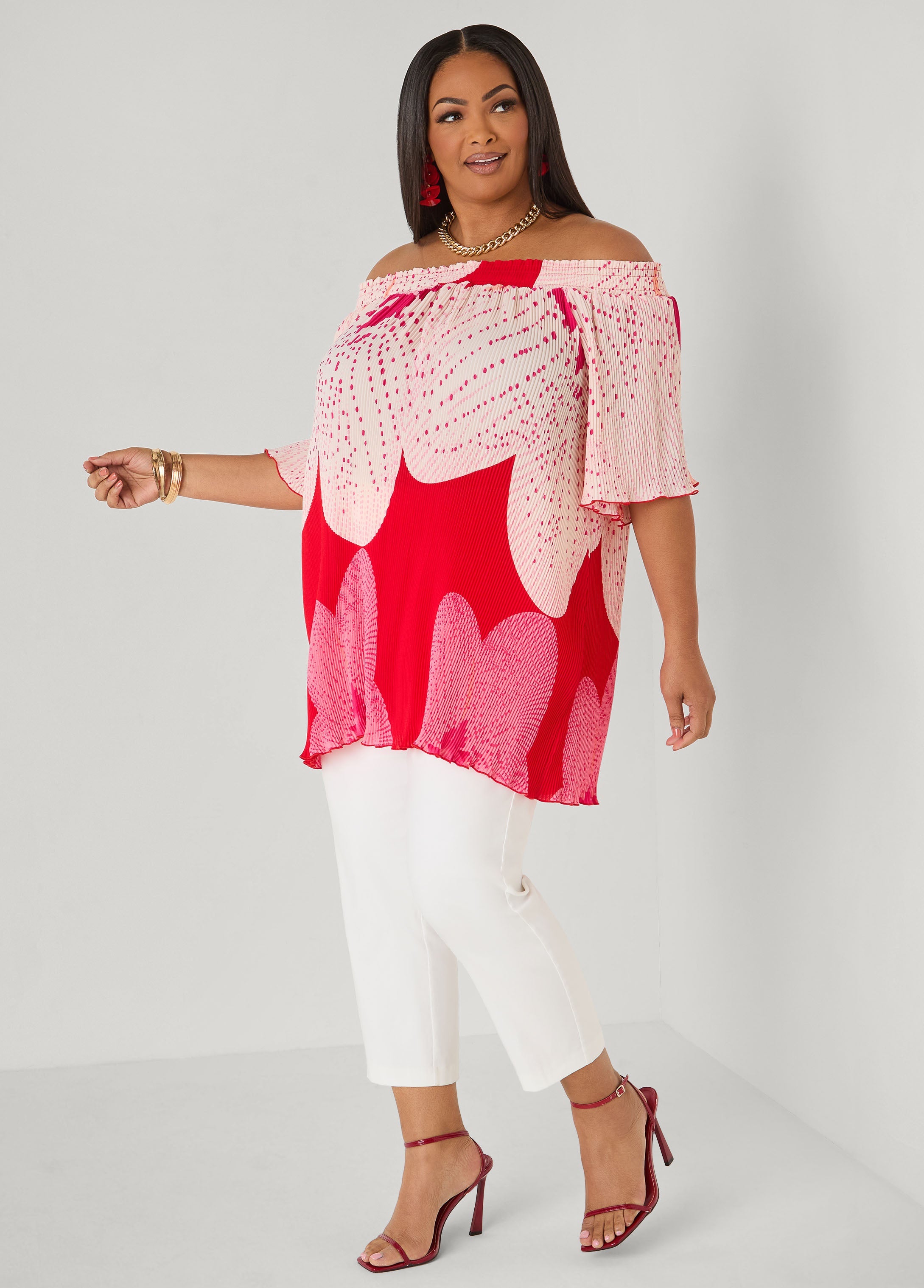 Off The Shoulder Floral Plisse Top