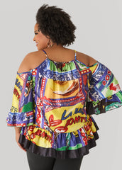 Printed Satin Cold Shoulder Blouse