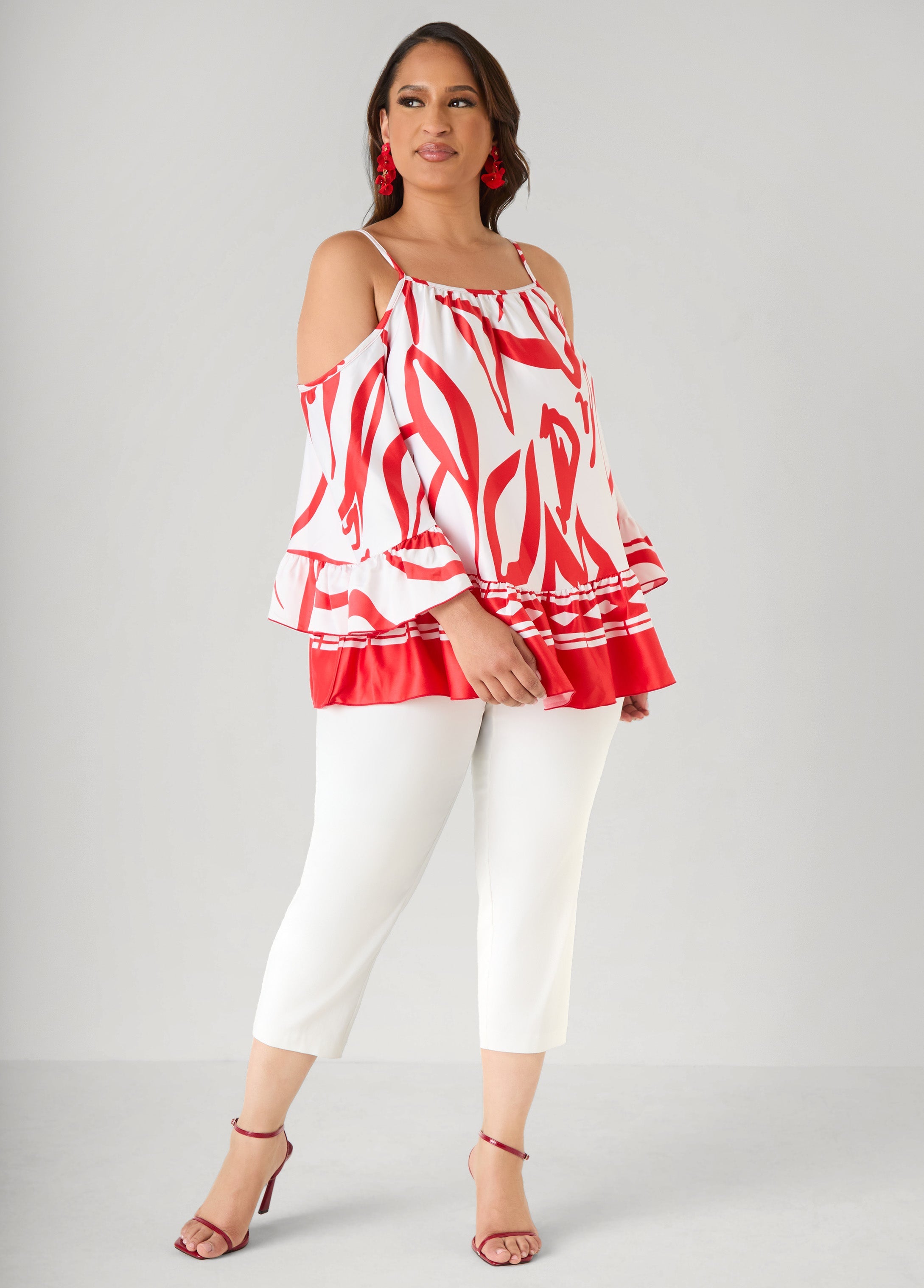 Cold Shoulder Printed Satin Blouse