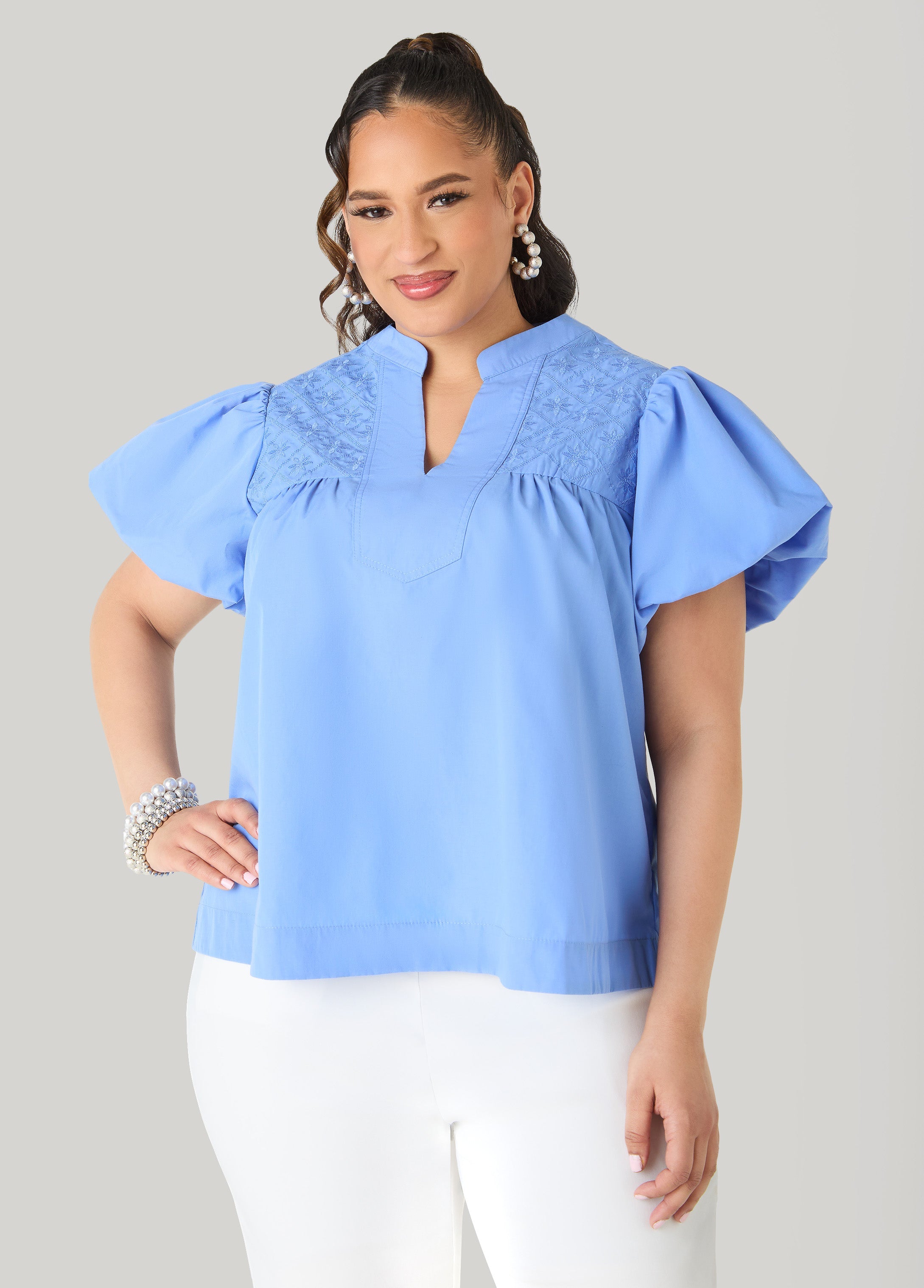 Puff Sleeve Embroidered Top