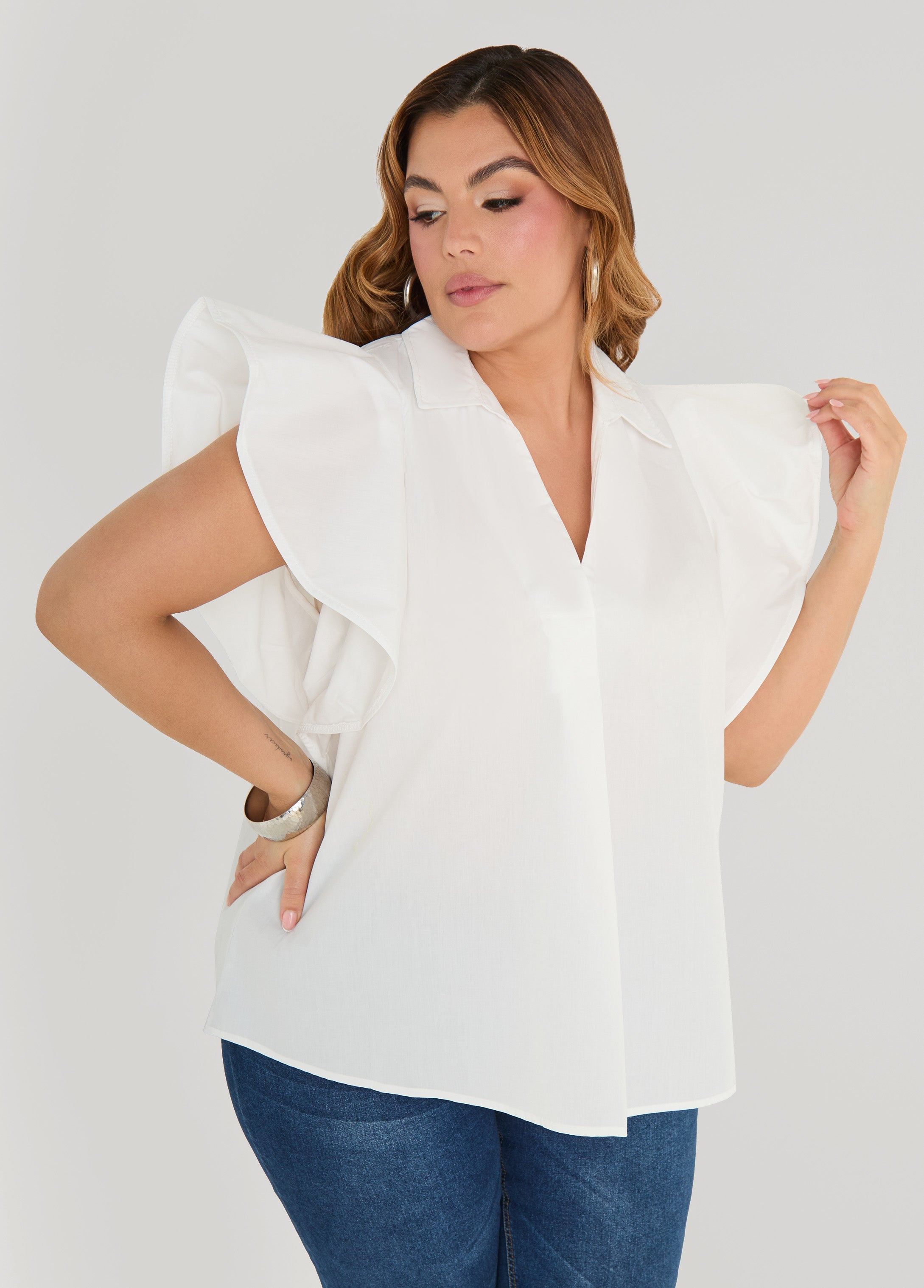 Ruffled Sleeve Poplin Top