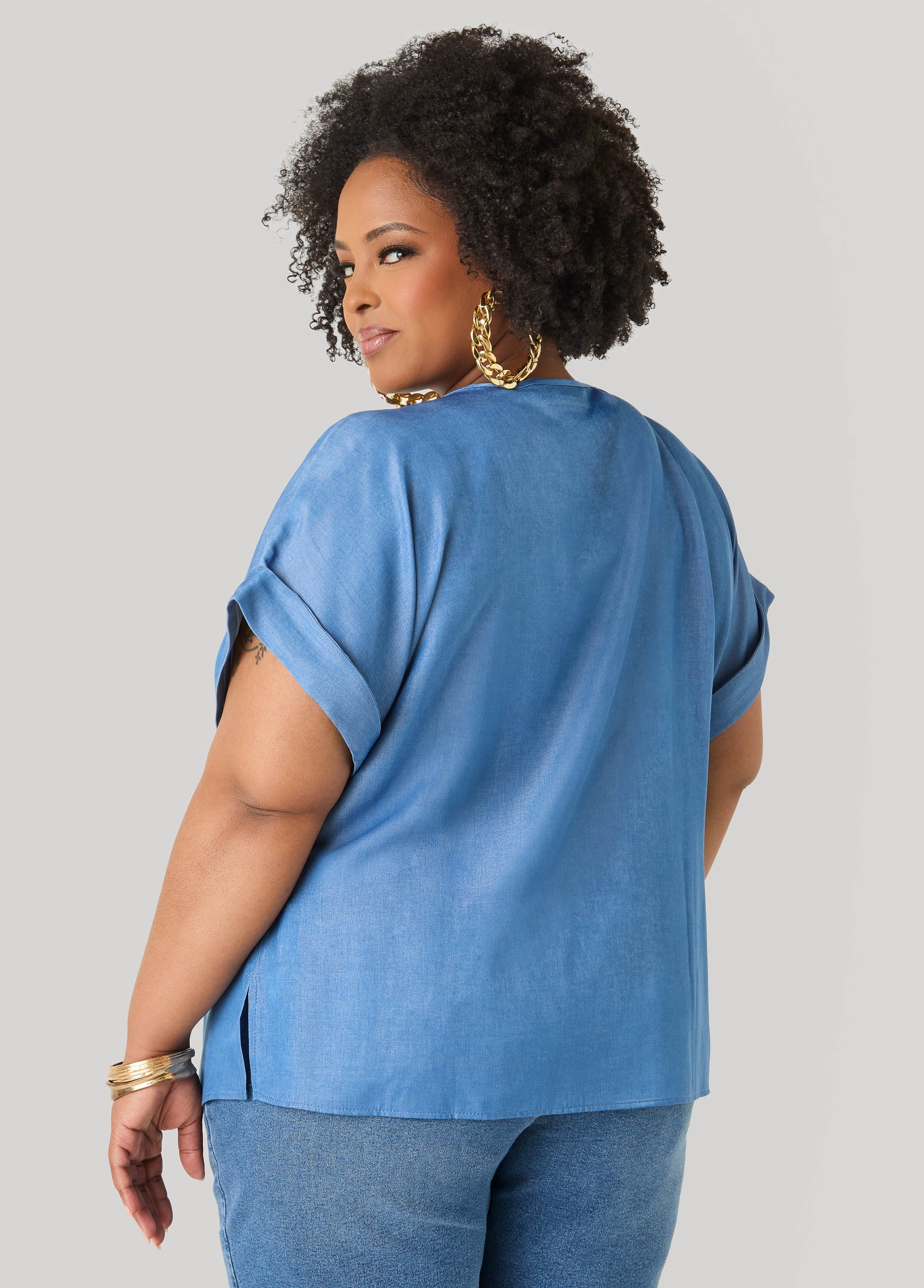 Chambray Dolman Blouse with Side Vents
