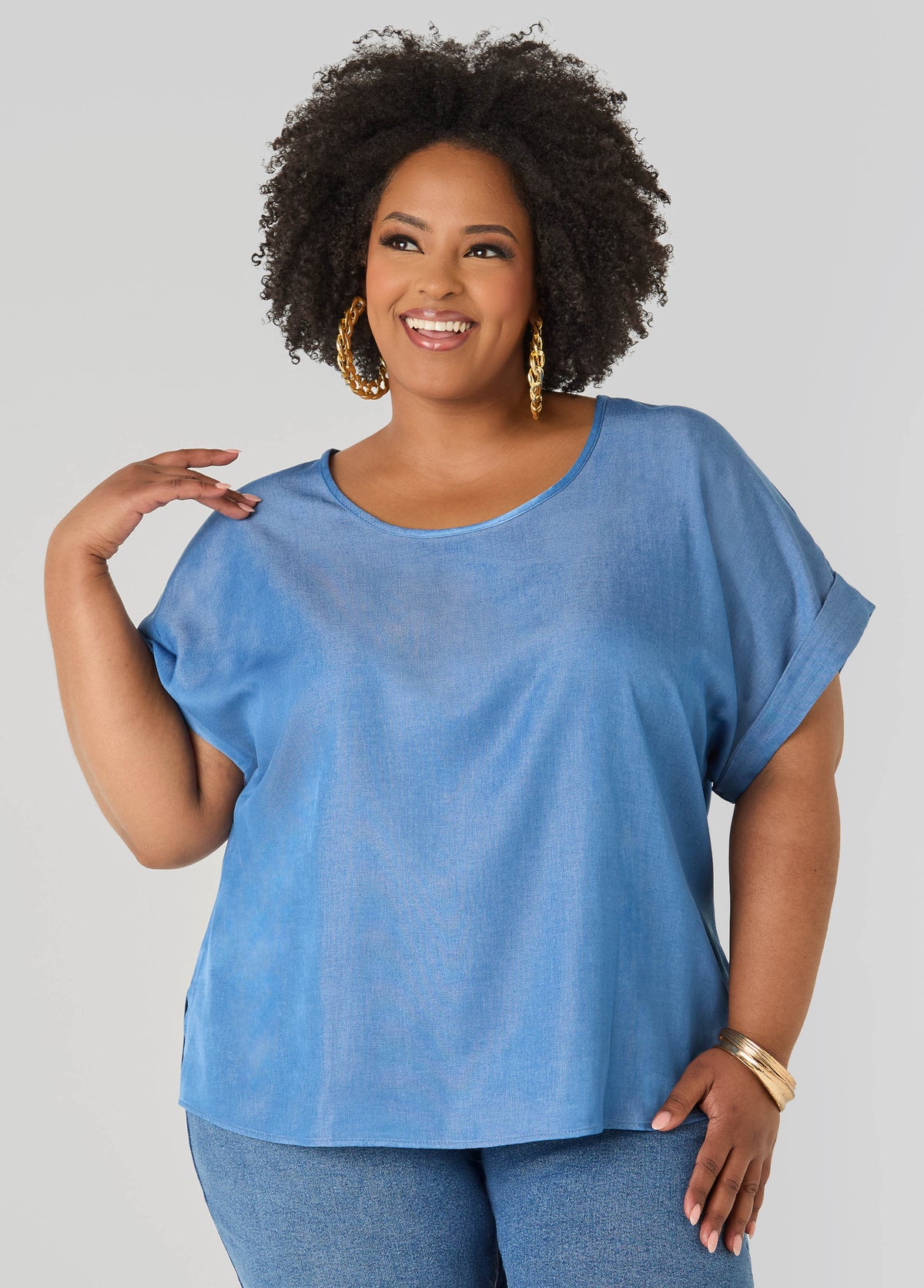 Chambray Dolman Blouse with Side Vents