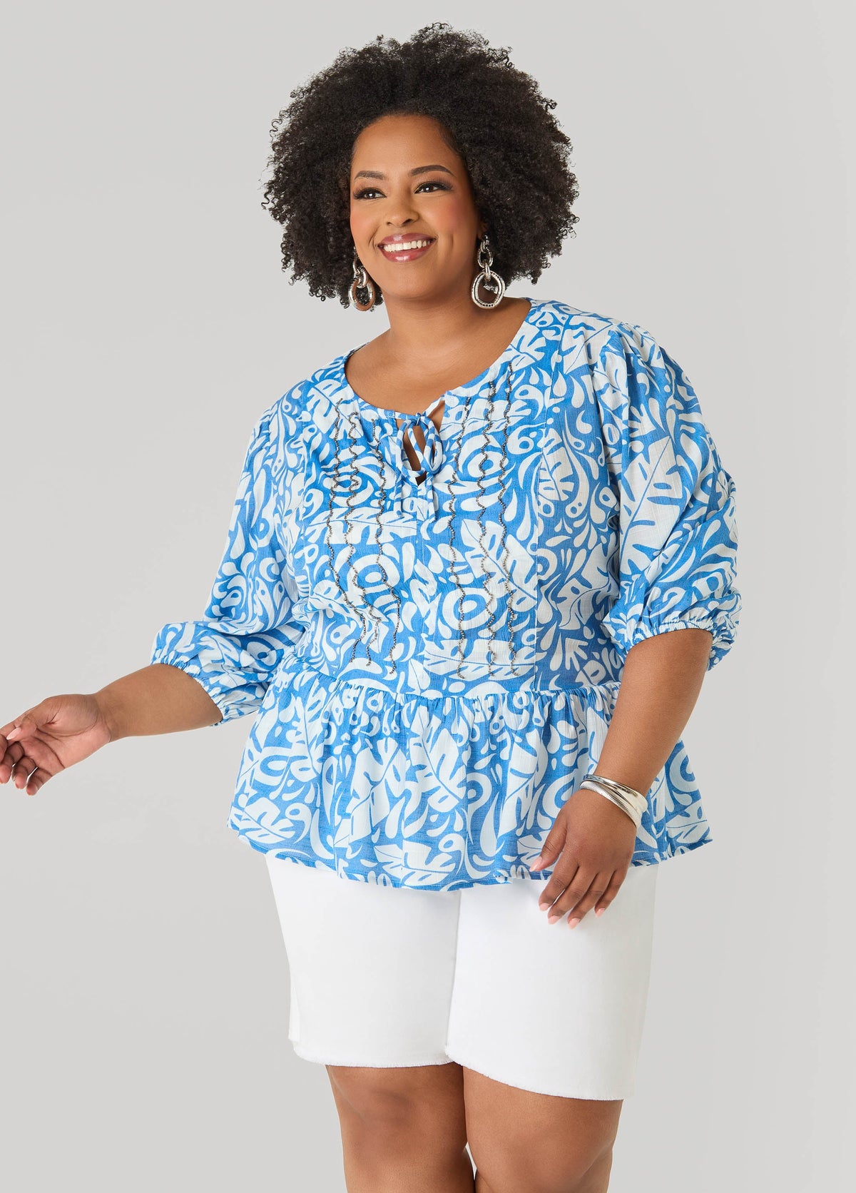 Beaded Leaf Print Peplum Blouse