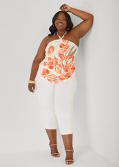 Beaded Floral Print Halter Top