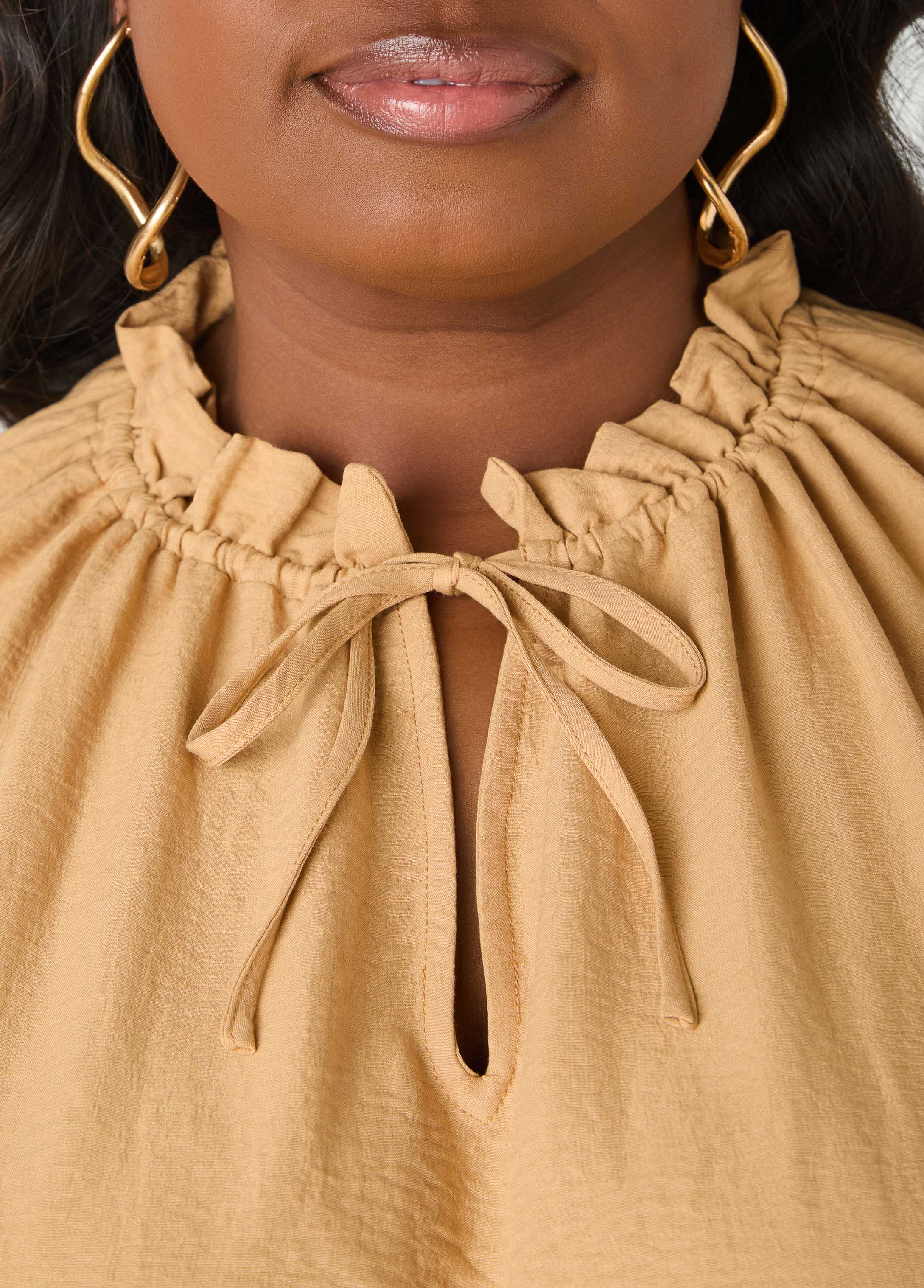 Textured Tie Neck Keyhole Top
