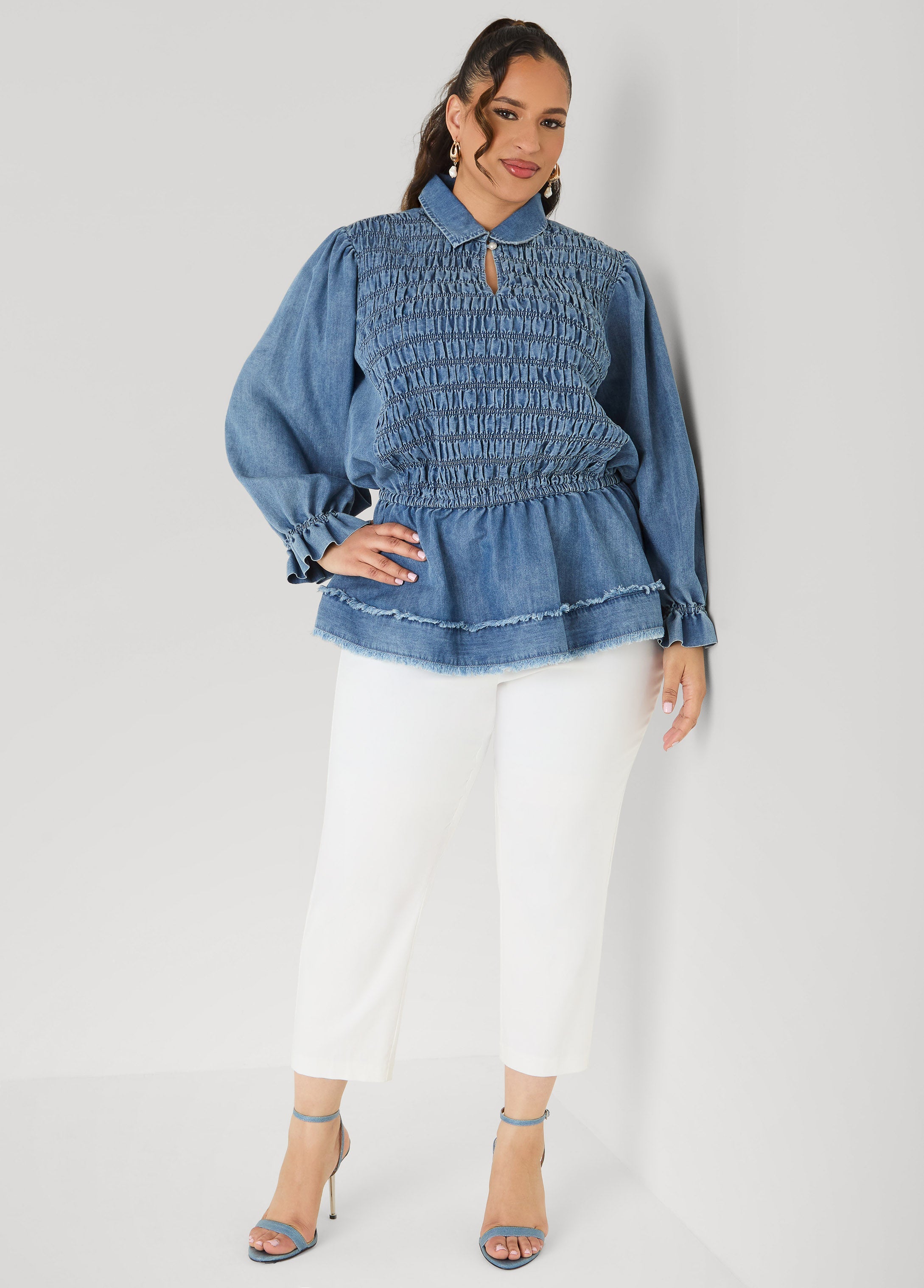 Smocked Denim Peplum Top