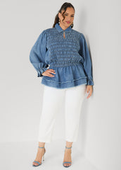 Smocked Denim Peplum Top
