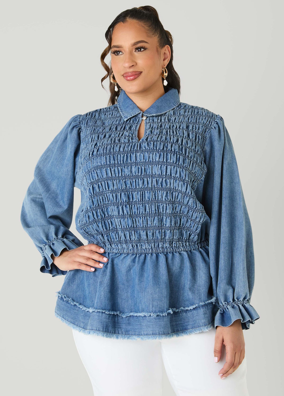Smocked Denim Peplum Top