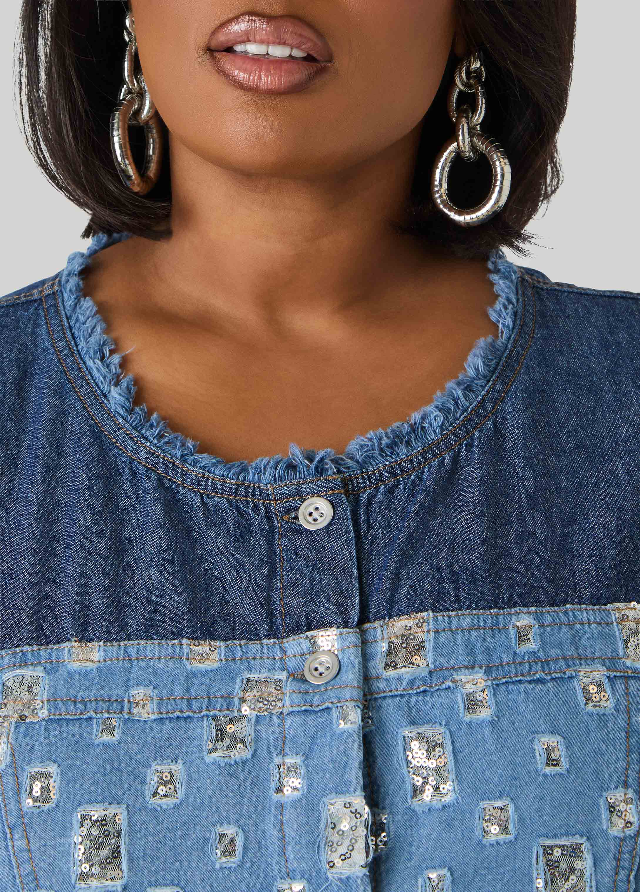 Distressed Embellished Denim Shirt