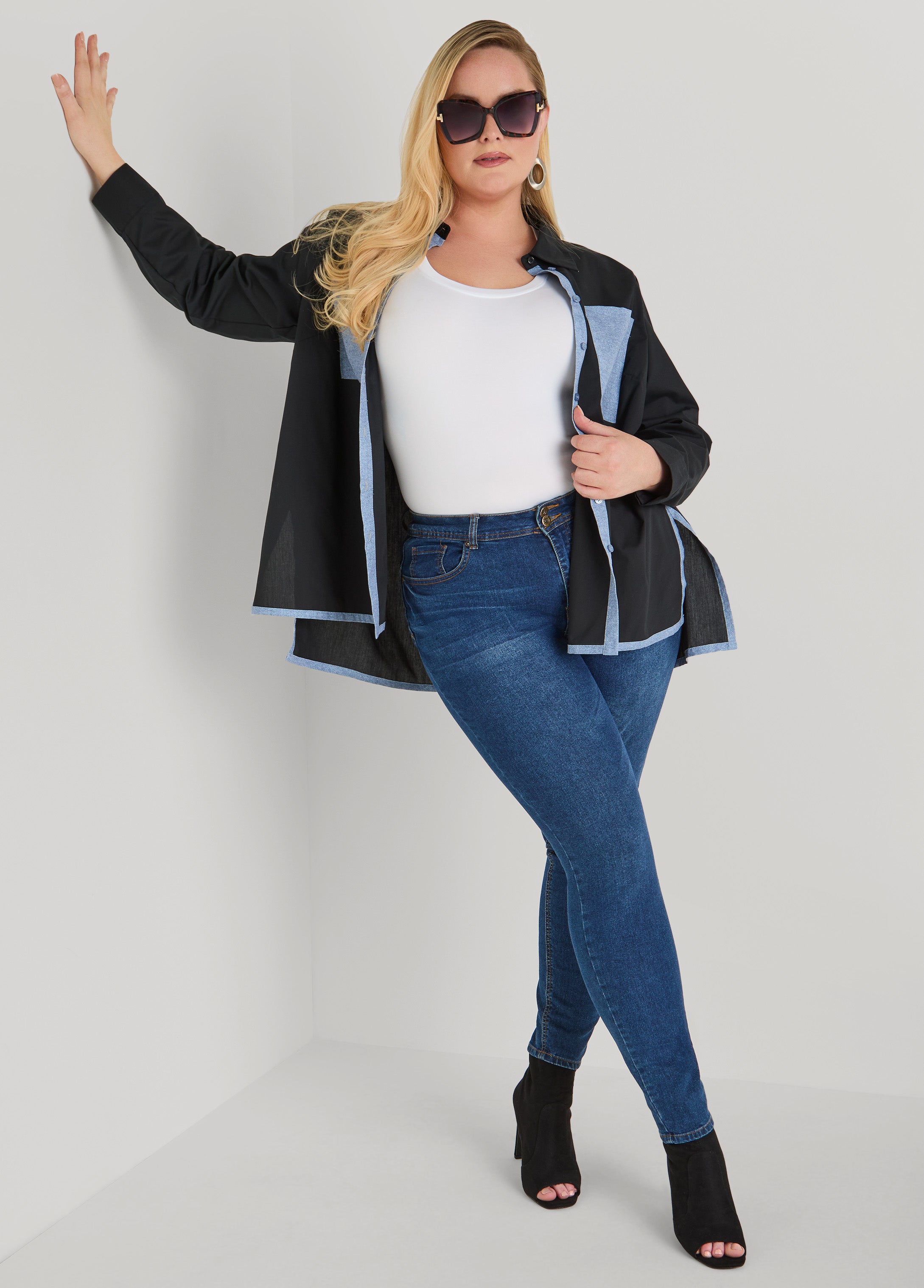Denim Print Paneled Hi Low Shirt