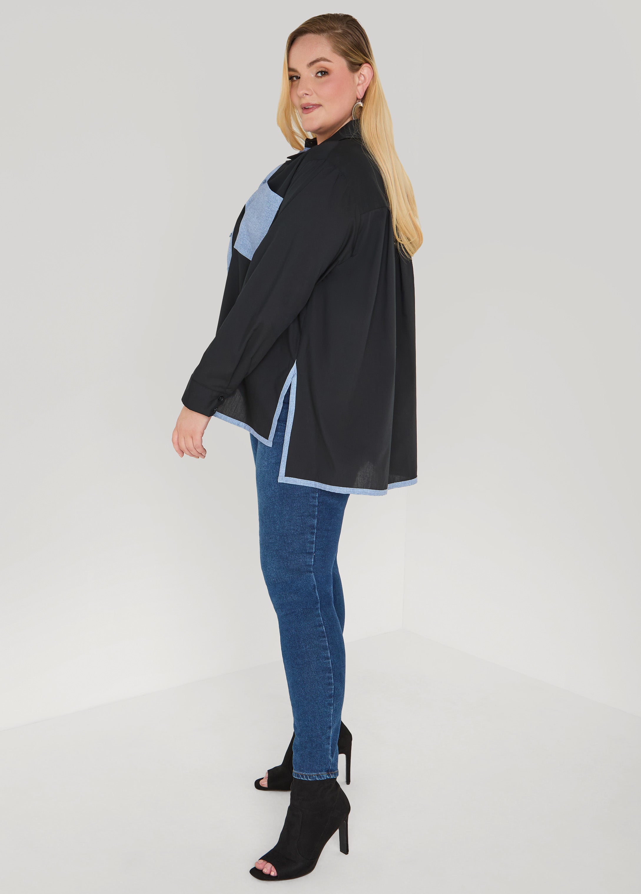 Denim Print Paneled Hi Low Shirt