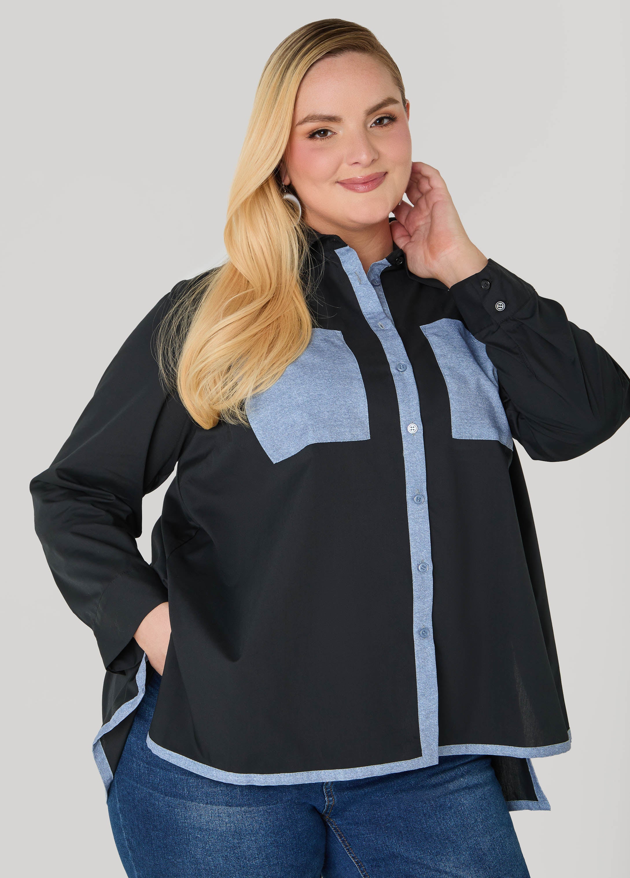 Denim Print Paneled Hi Low Shirt