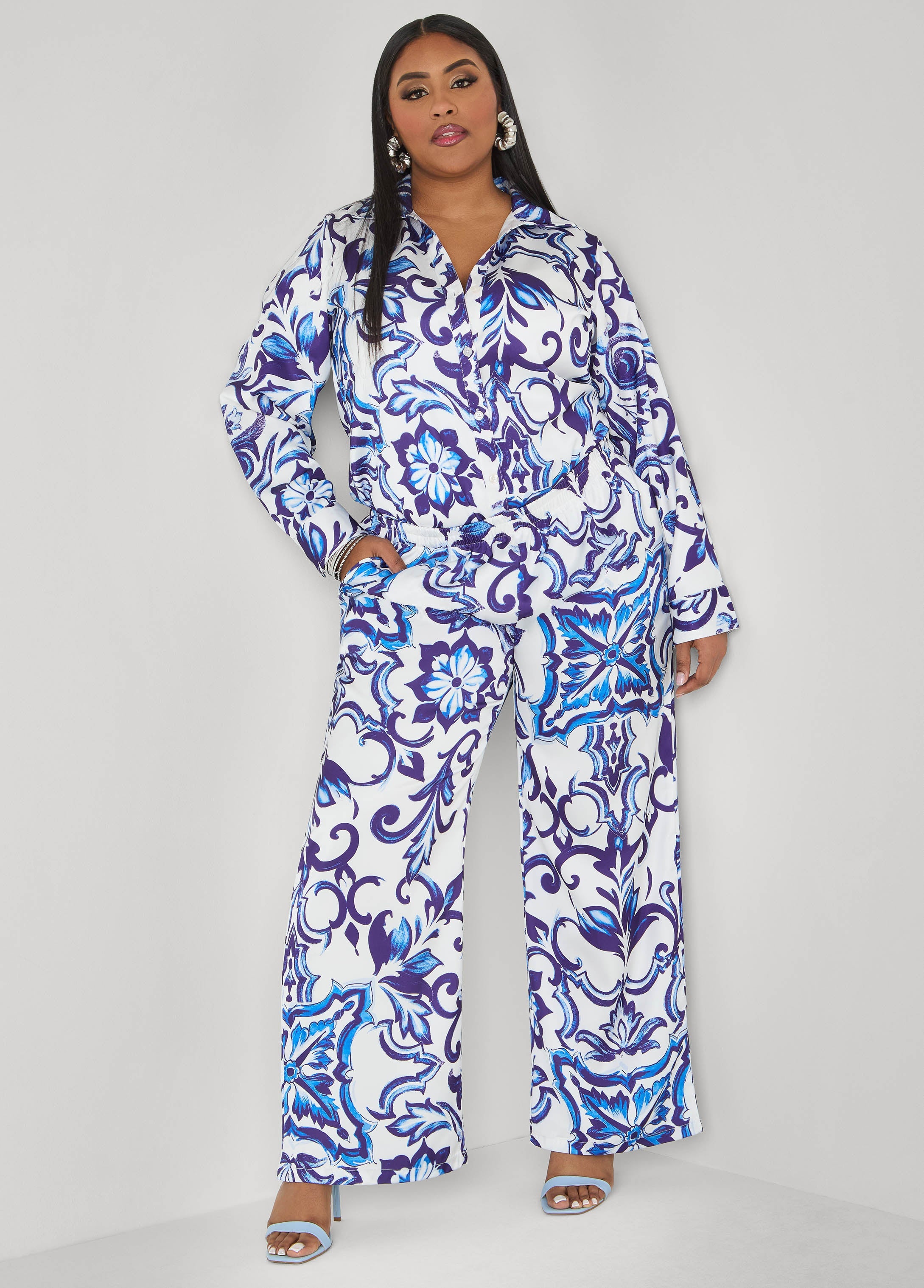 Floral Print Satin Wide Leg Pants
