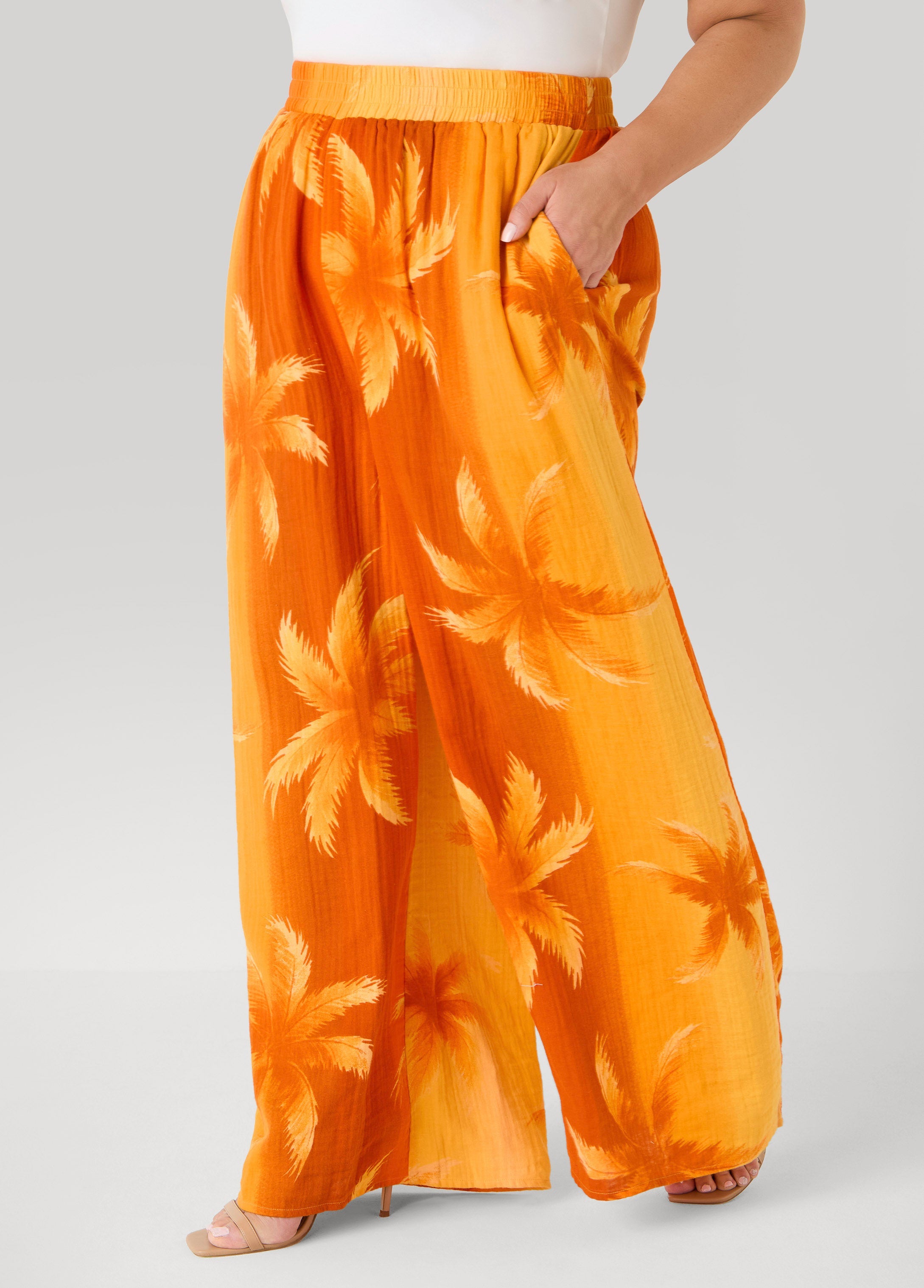 Palm Print Cotton Gauze Pants