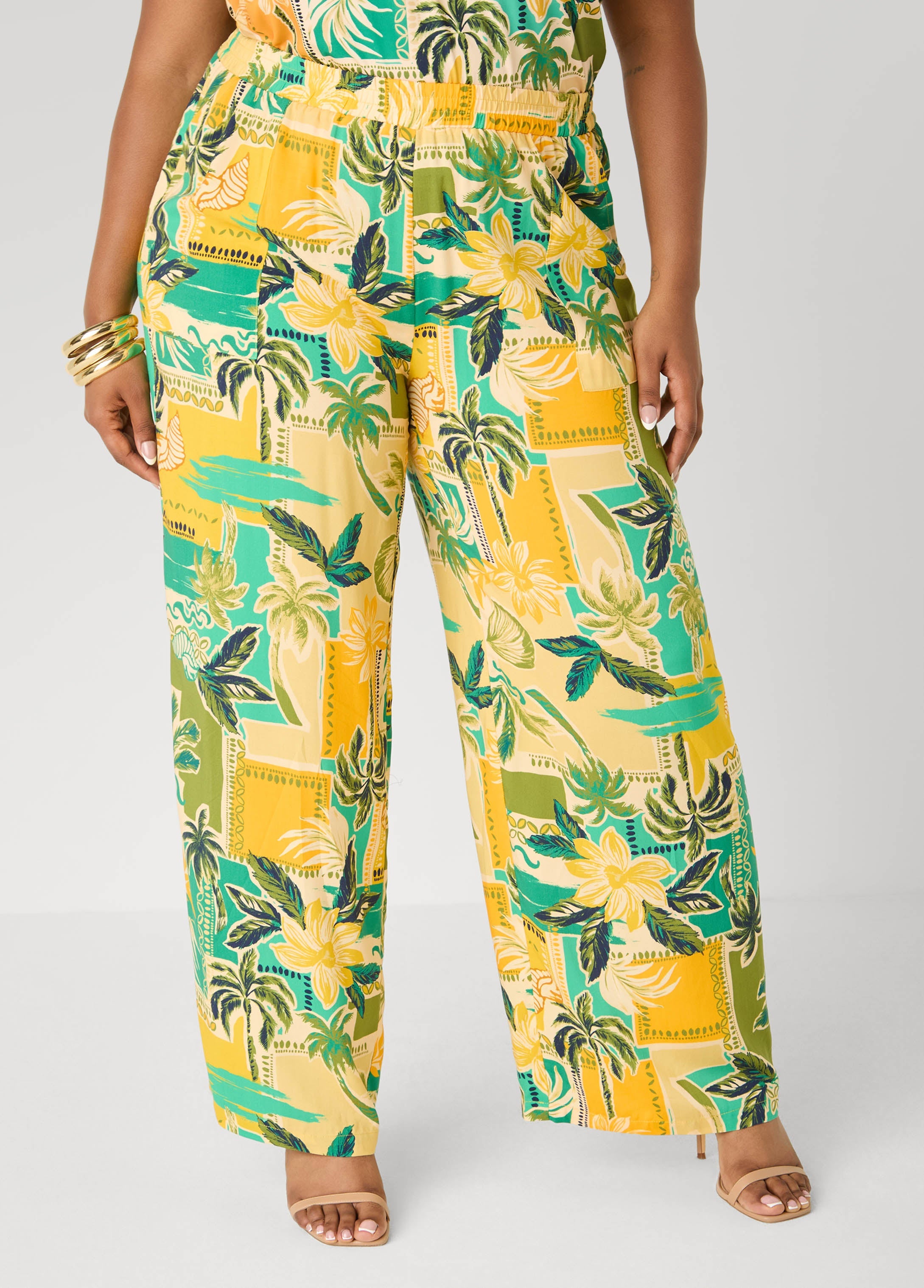 Tropical Print Wide Leg Pants