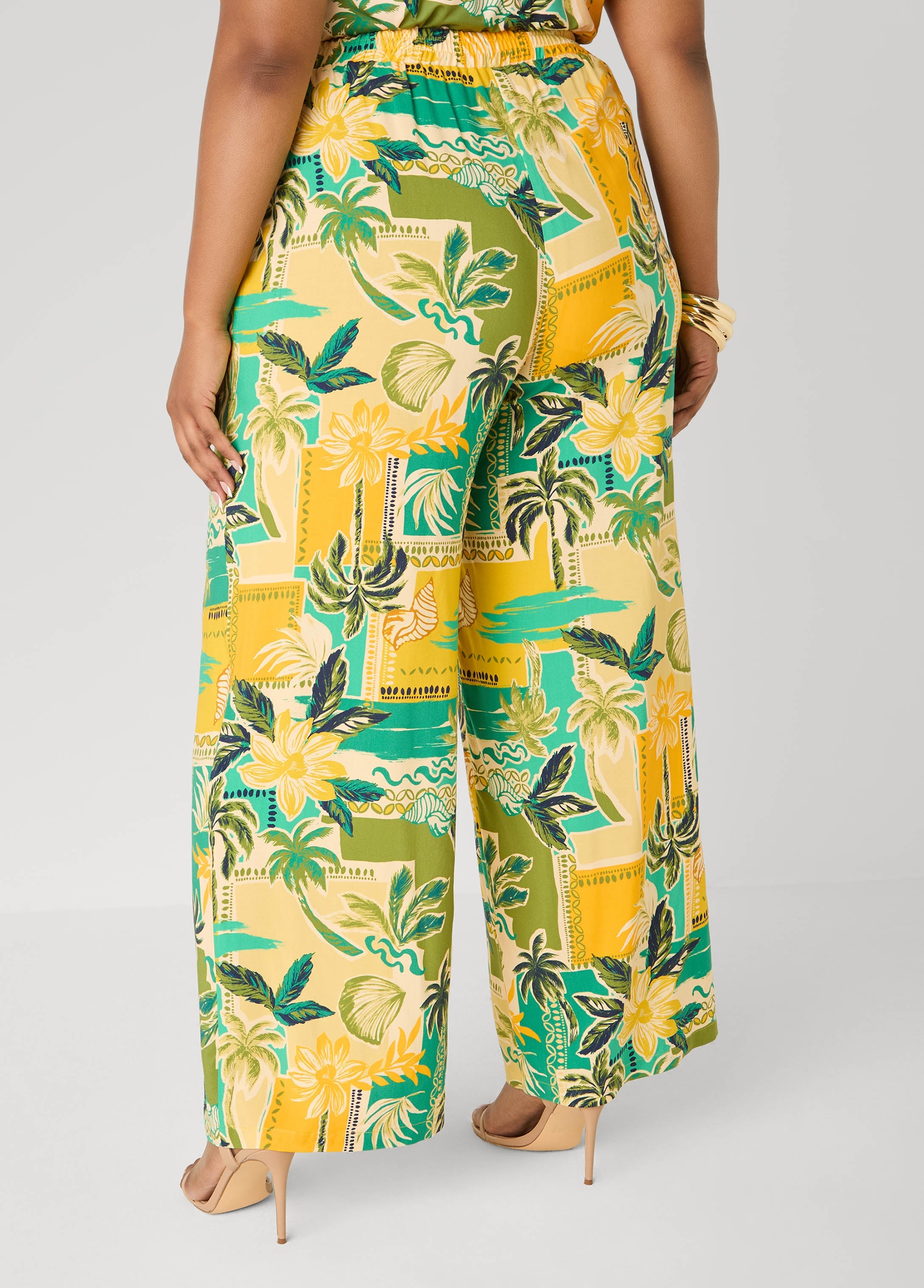 Tropical Print Wide Leg Pants